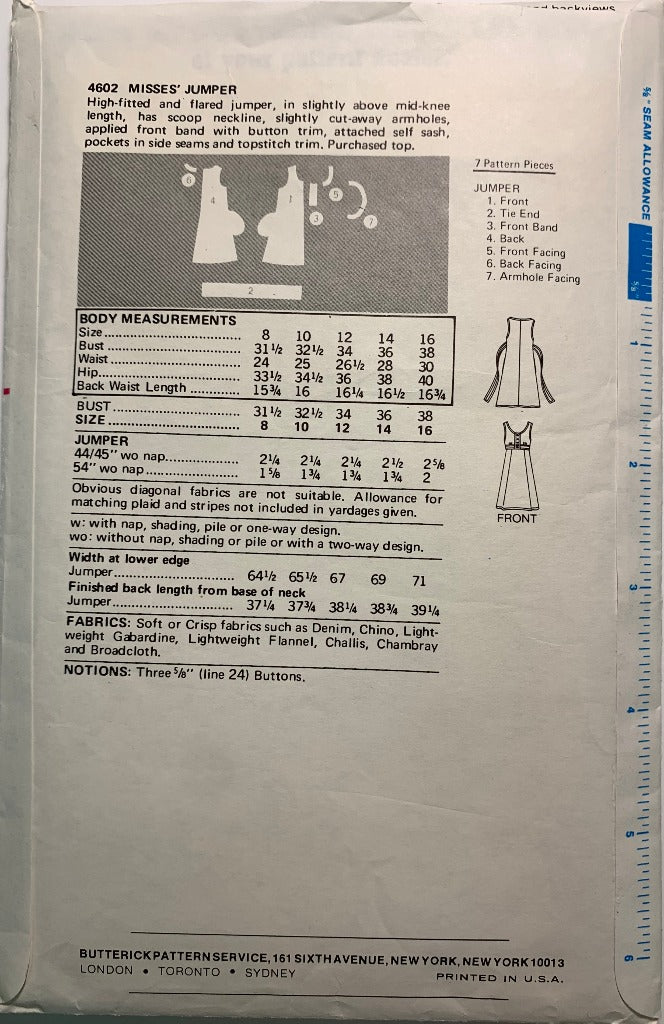 Butterick 4602 Misses' Jumper, Size 8, Cut, Vintage 1970