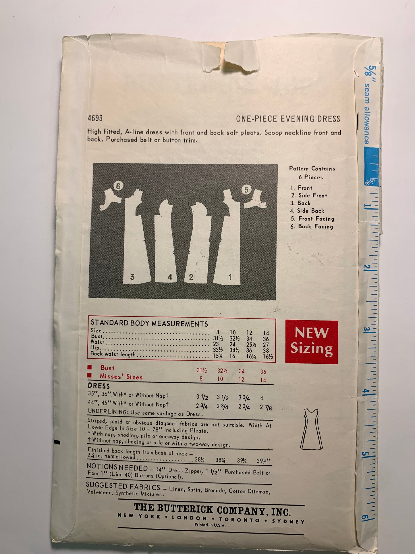 Butterick 4693 Misses' One-Piece Evening Dress, Size 8, Cut, Vintage 1970