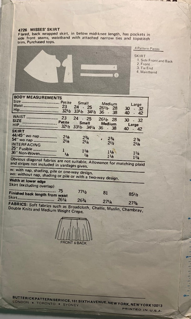 Butterick 4726 Misses' Skirt, Size Small Waist 24-25, Cut, Vintage 1970