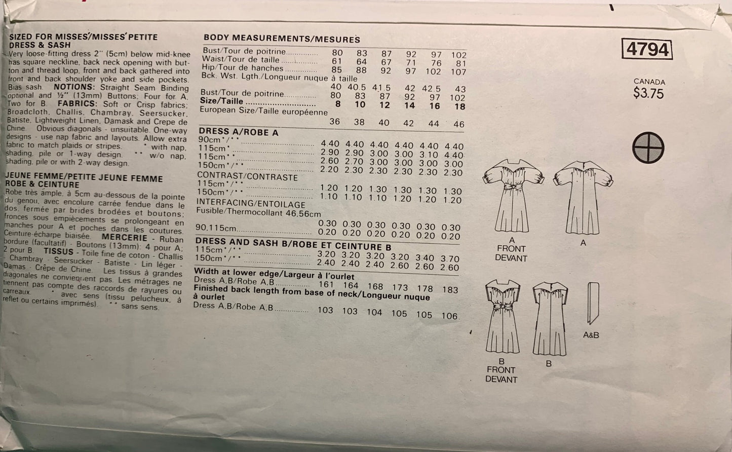 Butterick 4794 Misses' Petite Dress, Sash, Size 8, Vintage 1980