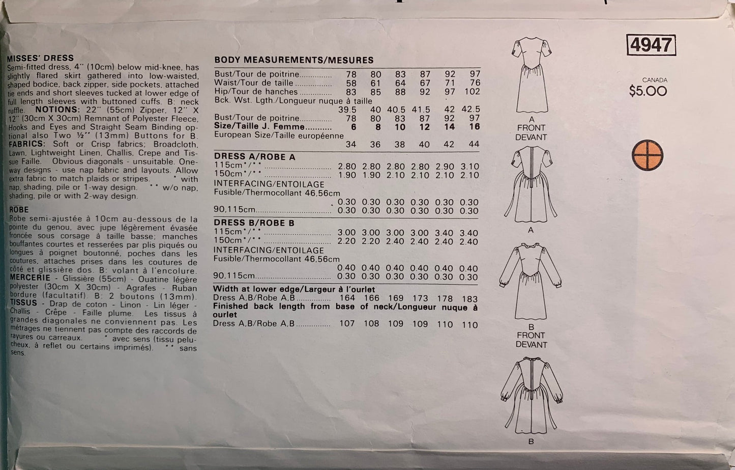 Butterick 4947 Misses' Dress, Size 8. Cut, Vintage 1980's