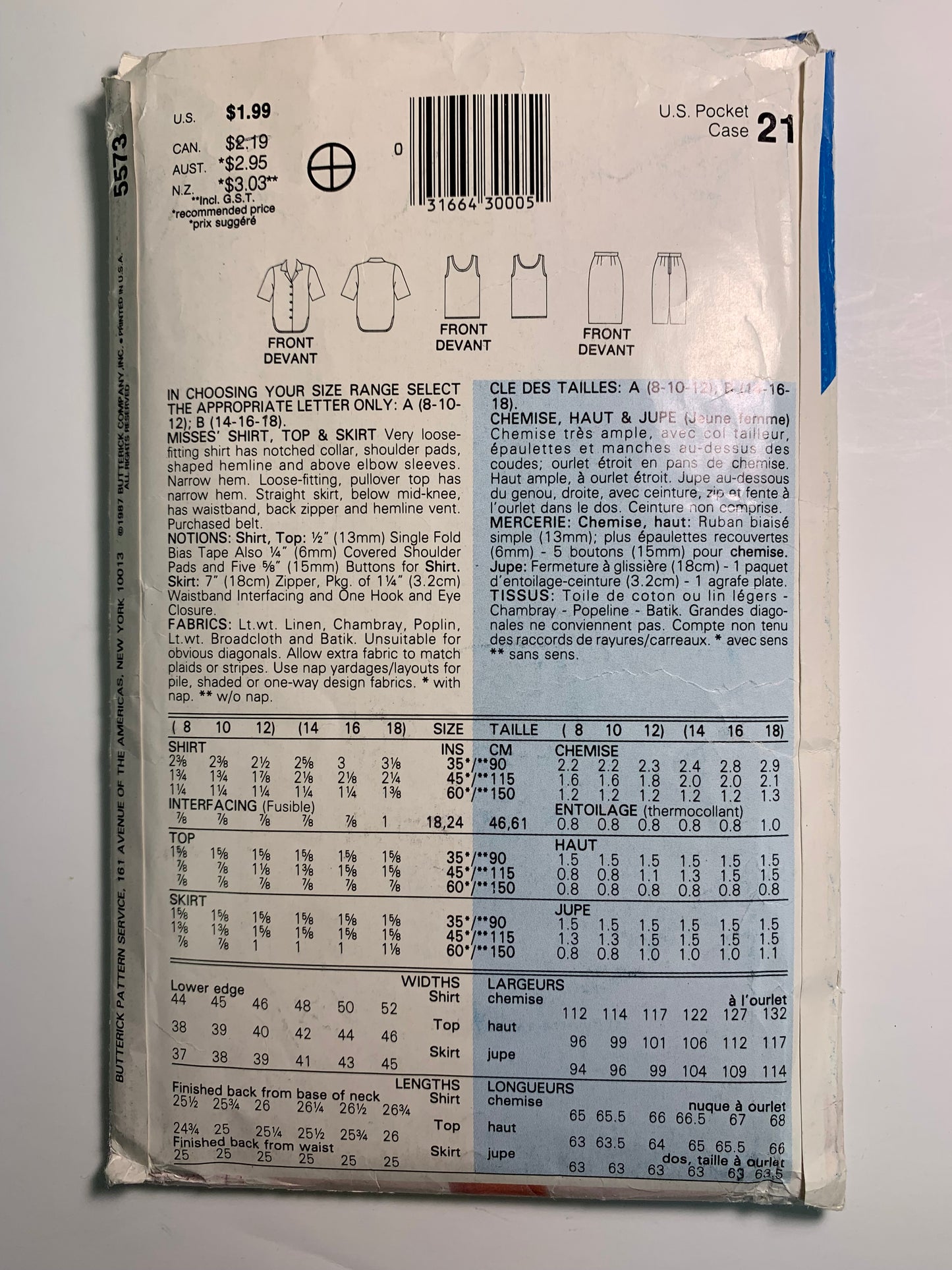 Butterick See & Sew 5573, Misses' Shirt, Top, Skirt, Size 8-12, Cut, Vintage 1987