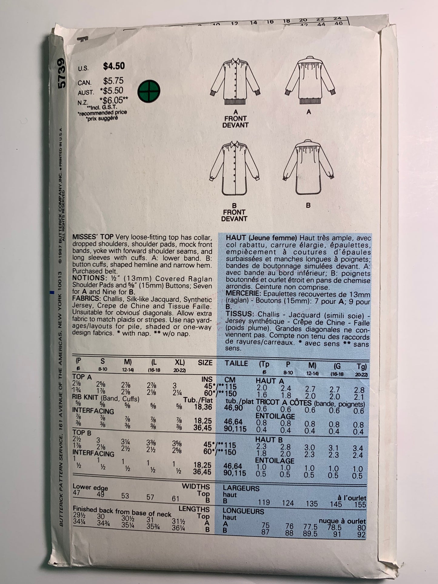 Butterick 5739, Misses' Tops, Size 6-14, Cut, Vintage 1987