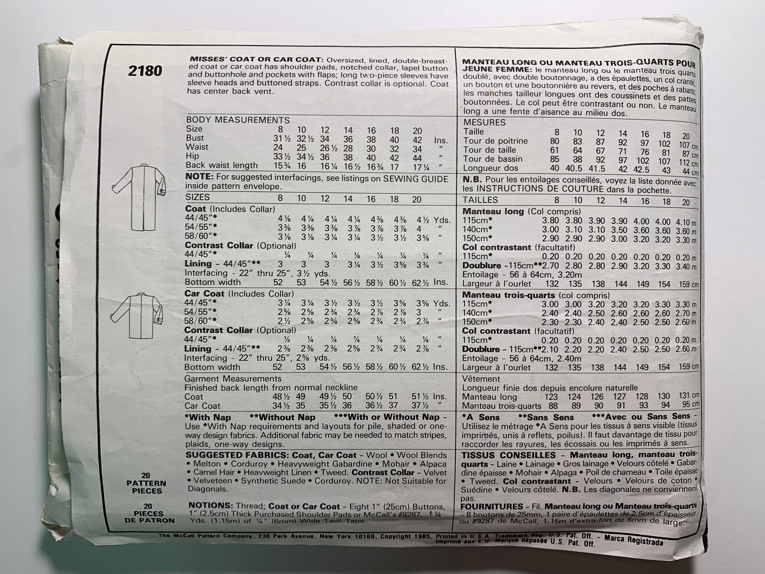 McCall's 2180 Misses' Car Coat, Size 14, Cut, Vintage 1985