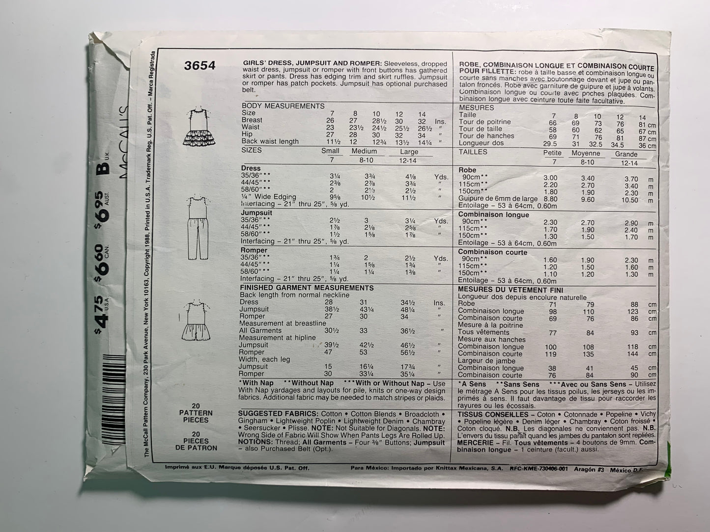 McCall's Girls' Dress, Jumpsuit, Romper, Size 7, Cut, Vintage 1988