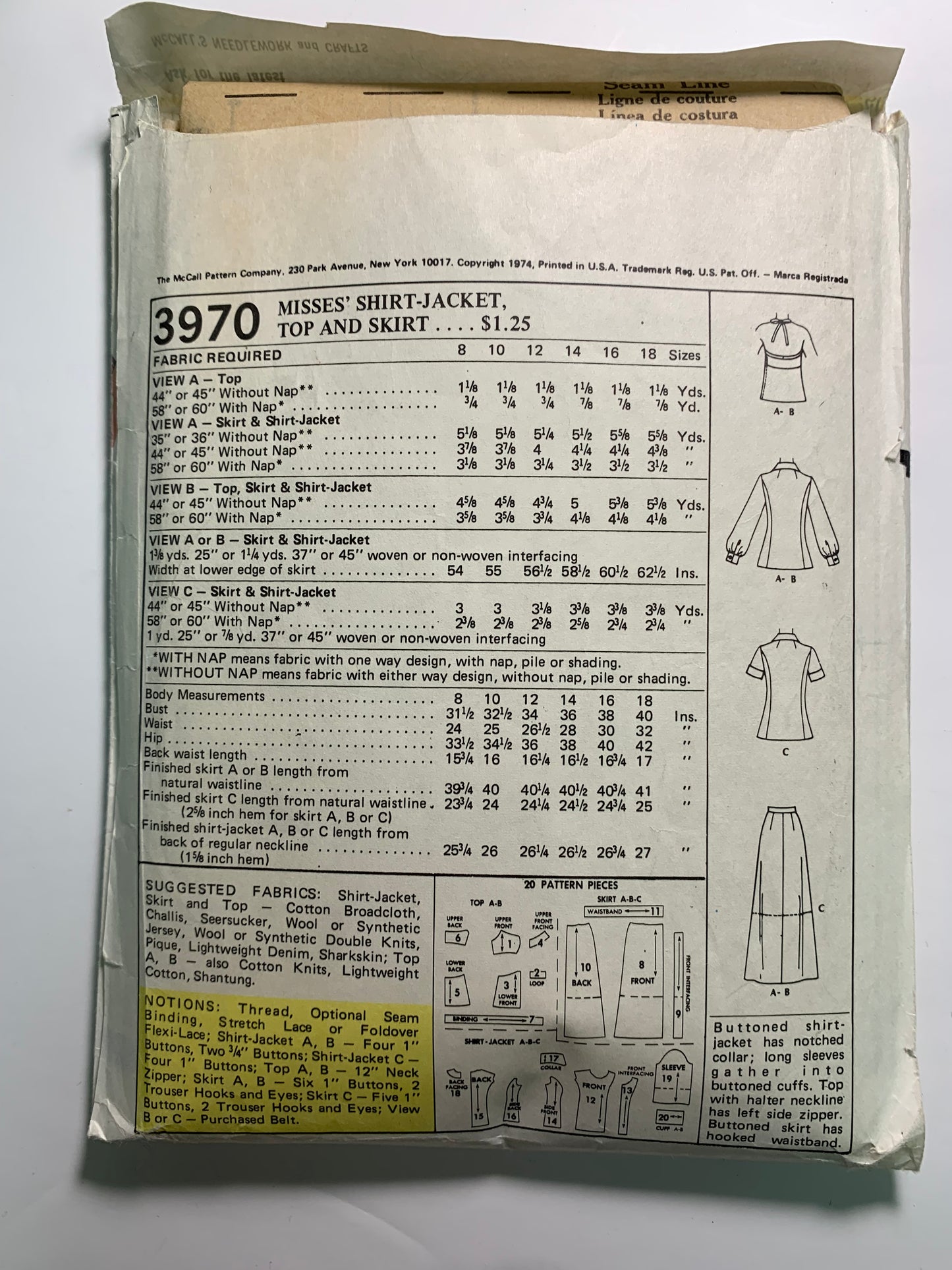 McCall's 3970 Misses' Shirt-Jacket, Top, Skirt, Size 10, Cut, Vintage 1974