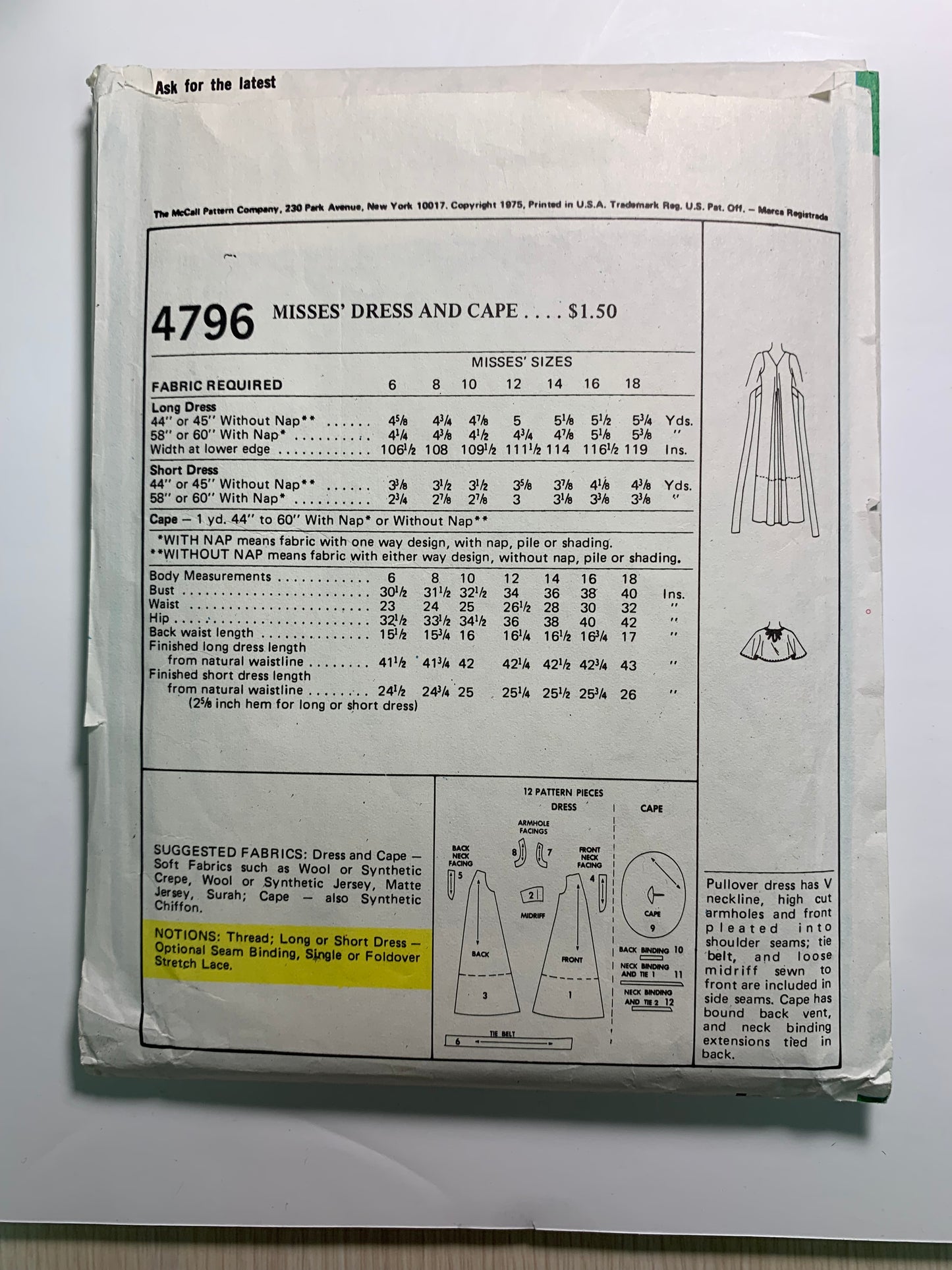 McCall's 4796 Marlo's Corner Misses' Dress, Cape, Size 10, Cut, Vintage 1975