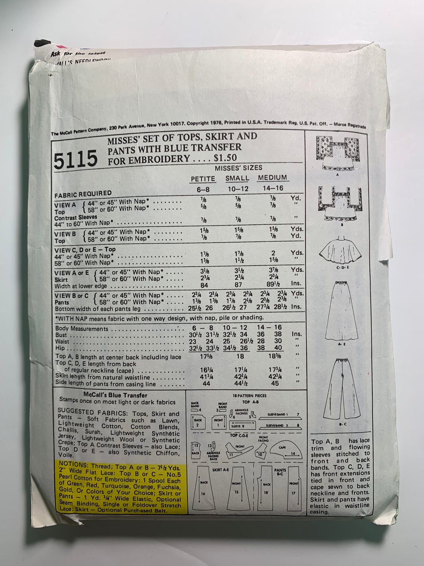 McCall's 5115 MIsses' Tops, Skirt, Pants, Size 6-8, Cut, Vintage 1976
