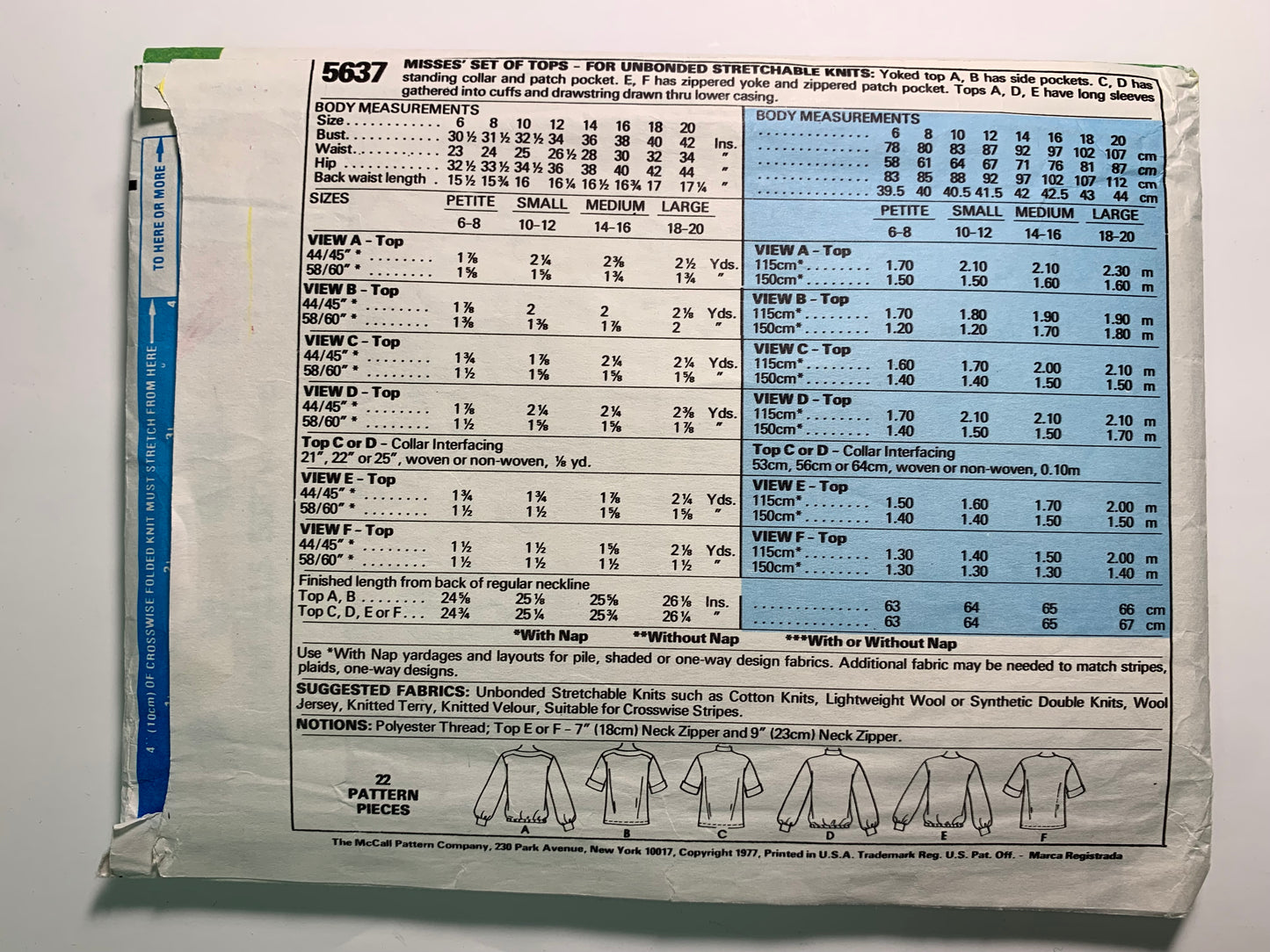 McCalls' 5637 Misses' Tops, Size 6-8, Cut, Vintage 1977