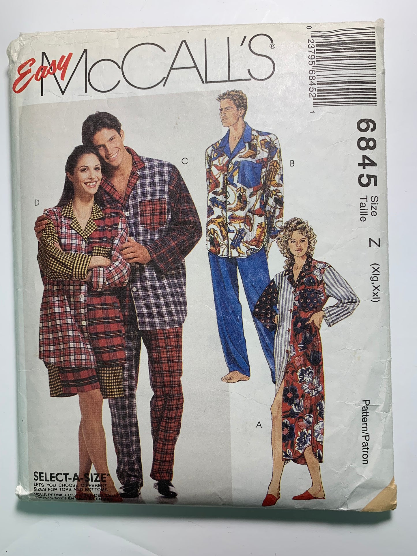 McCall's Sewing Pattern 6845 Misses'/Men's Nightshirt, Pajamas, Long Sleeves Nightgown, Elastic Waist Pants, Tops, Pockets, Size 42-48, Cut, Vintage 1993