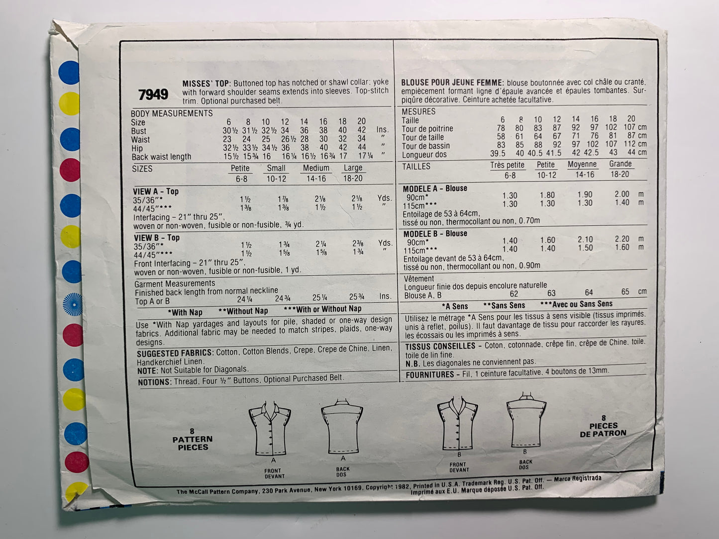 McCall's 7949 Misses' Top, Size 6-8, Cut, Vintage 1982