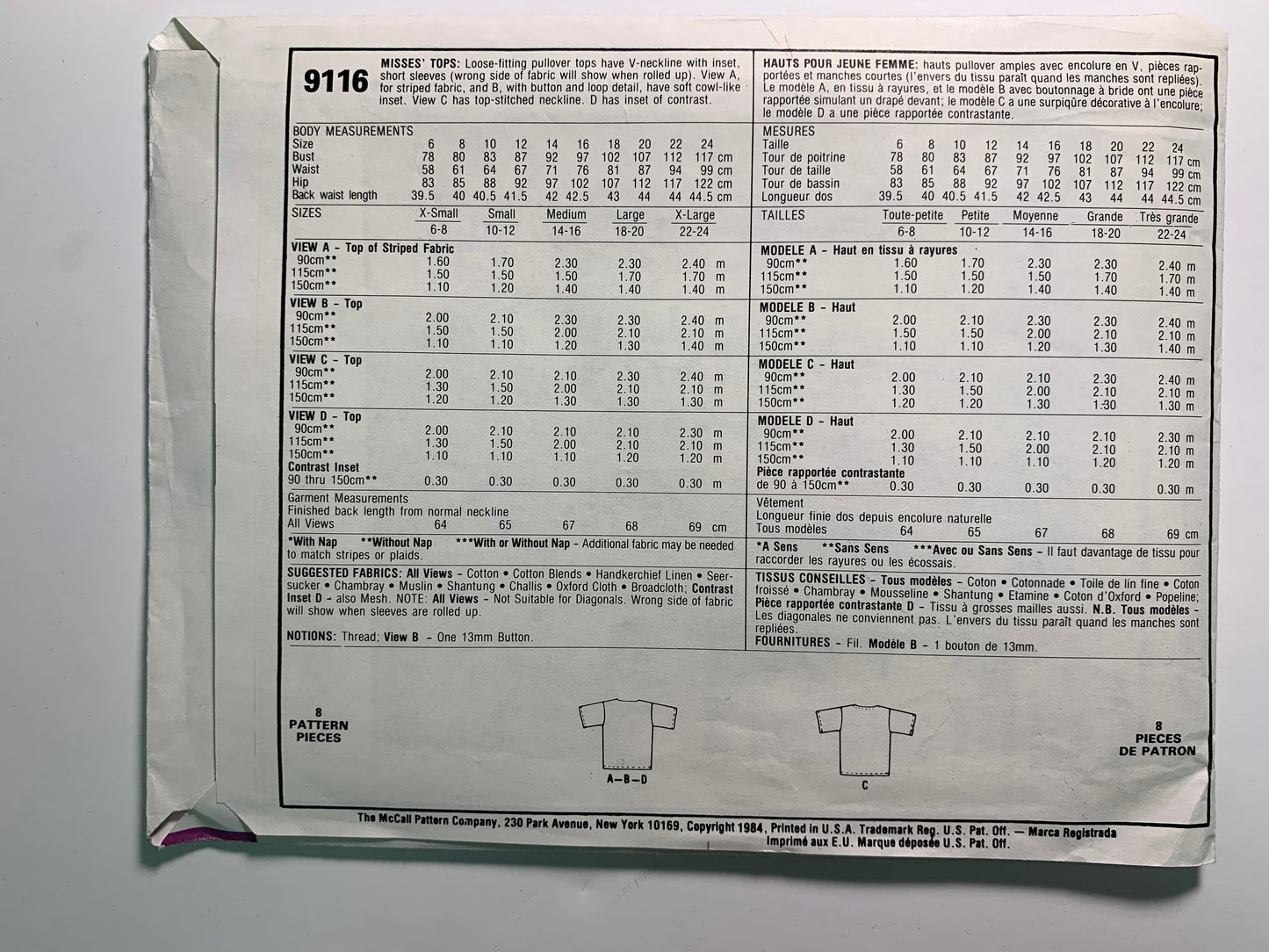 McCall's 9116 Misses' Tops, Size 10-12, Cut, Vintage 1984