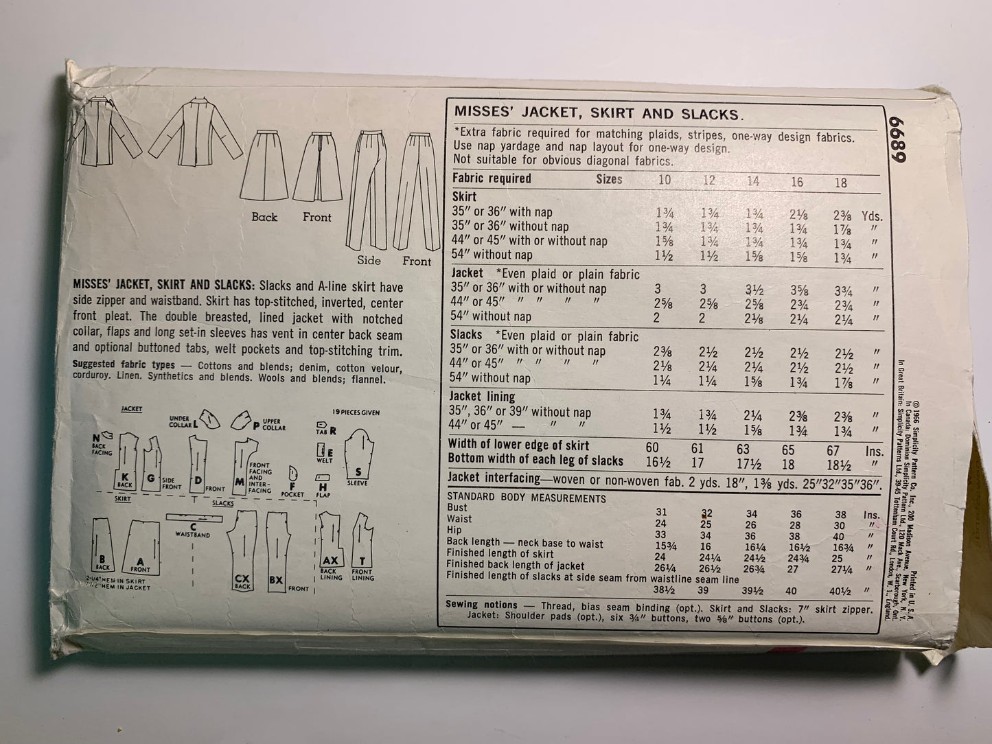 Simplicity 6689 Misses' Jacket, Skirt, Slacks, Size 10, Vintage 1966