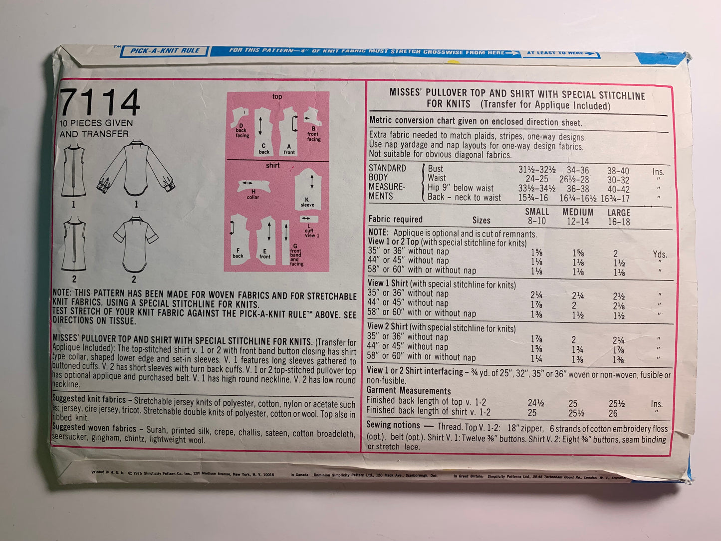 Simplicity 7114 Misses' Top, Shirt, Size 8-10, Cut, Vintage 1975