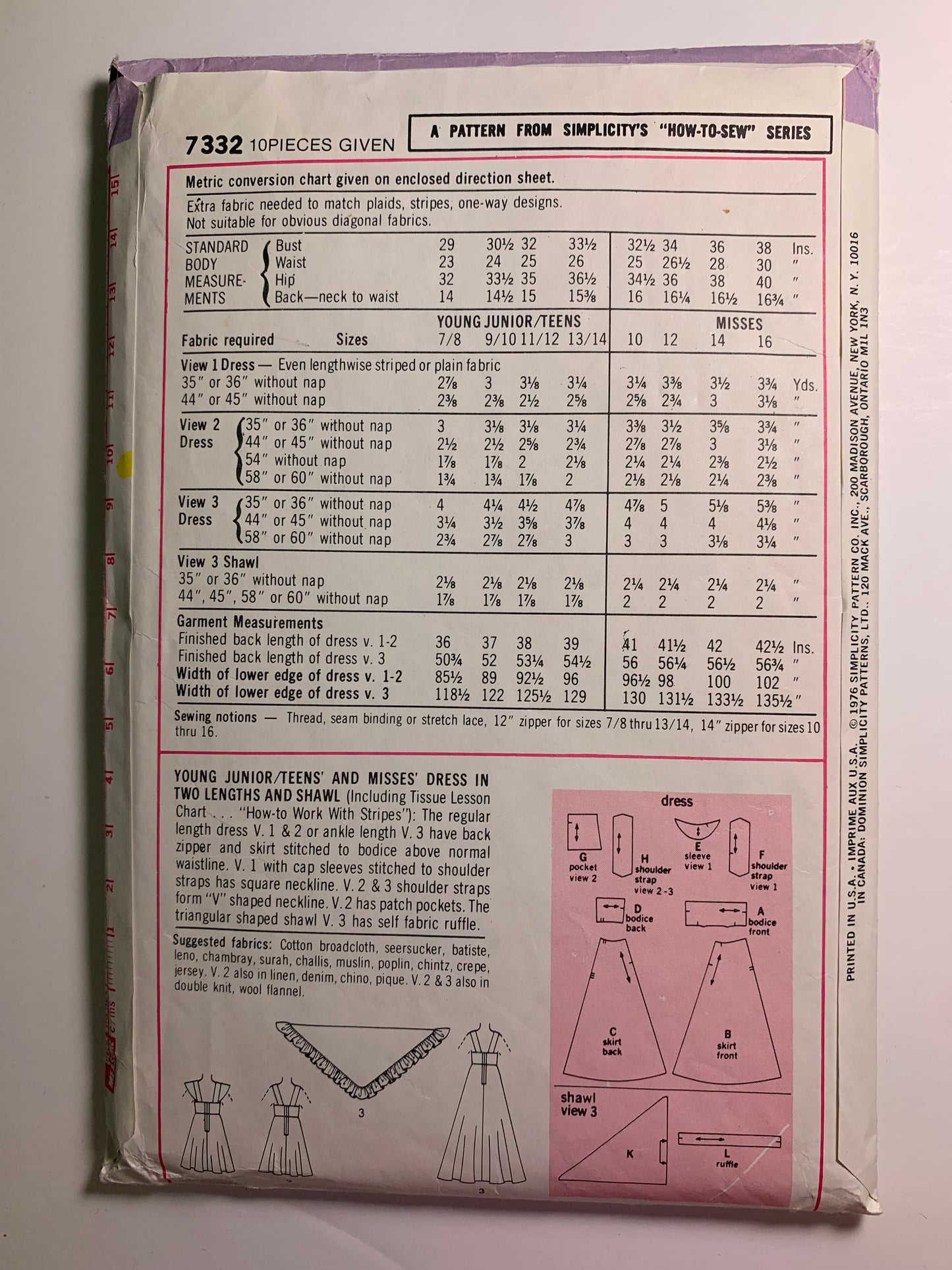 Simplicity 7332 Misses' Junior/Teens' Dress, Shawl, Size 11-12, Cut, Vintage 1976
