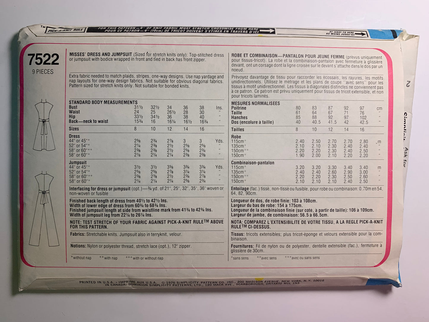 Simplicity 7522 Misses' Dress, Jumpsuit, Size 8, Cut, Vintage 1976