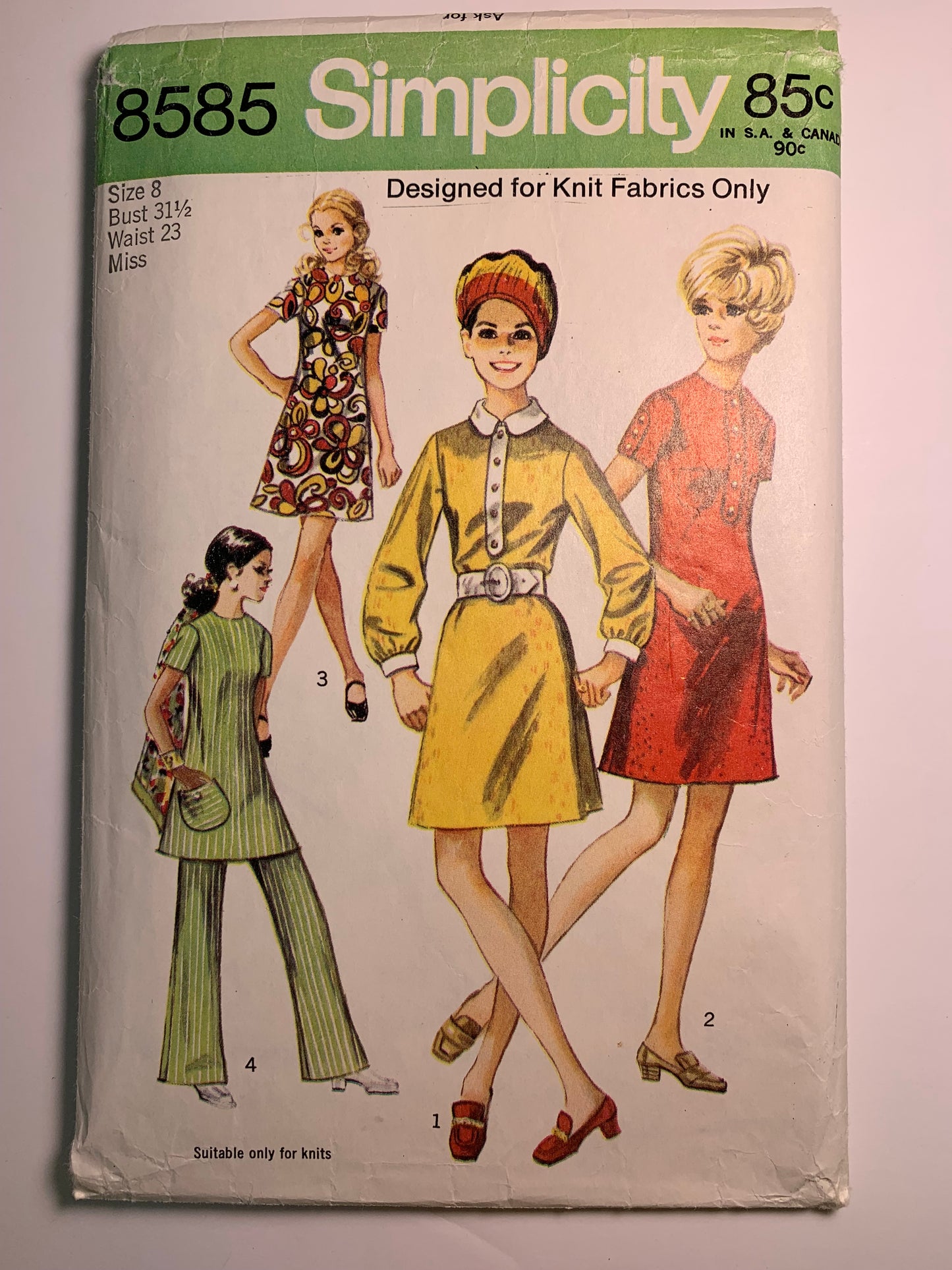 Simplicity 8585 Misses' Dress, Tunic, Pants, Size 8, Cut, Vintage 1969
