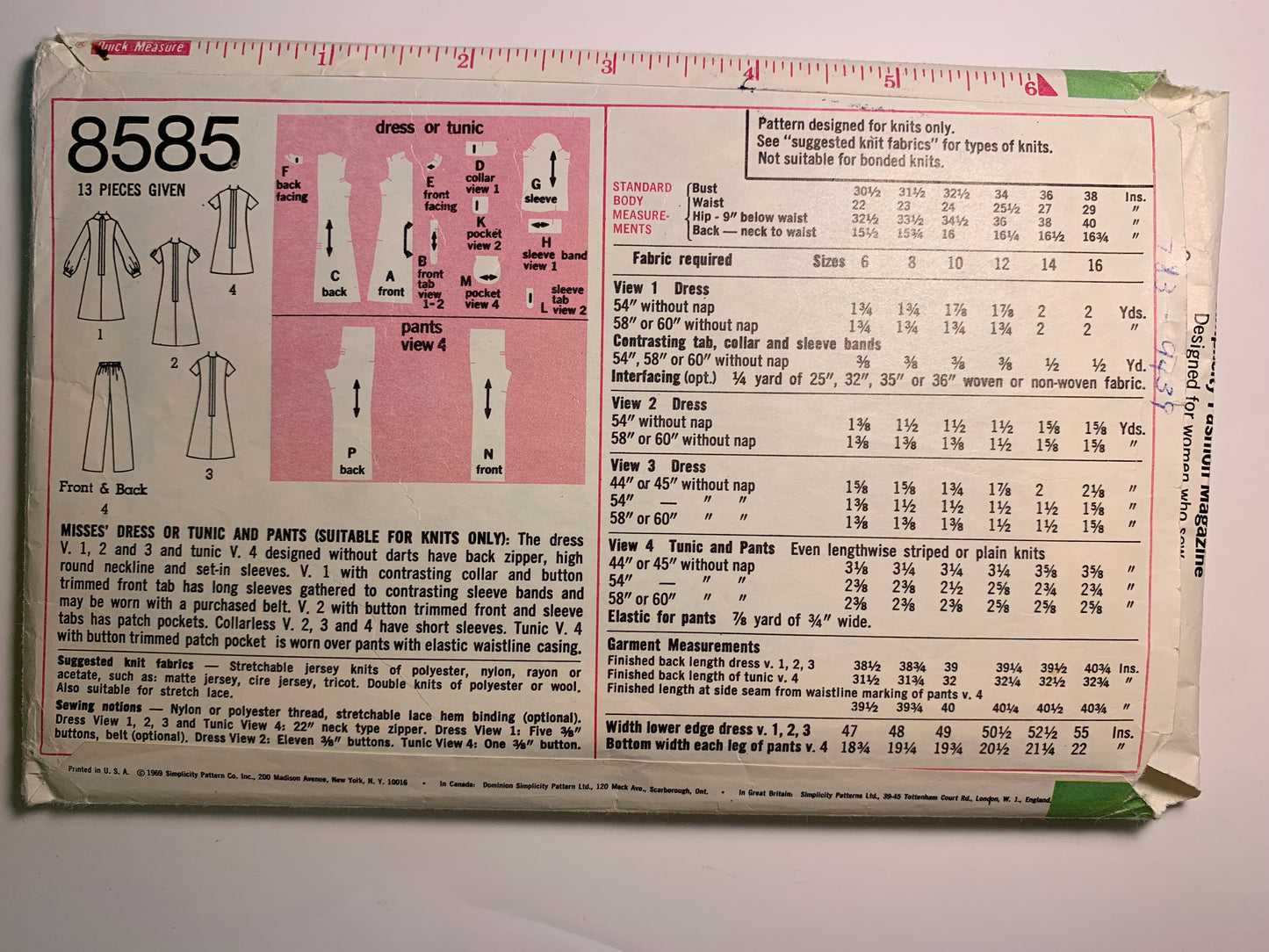 Simplicity 8585 Misses' Dress, Tunic, Pants, Size 8, Cut, Vintage 1969