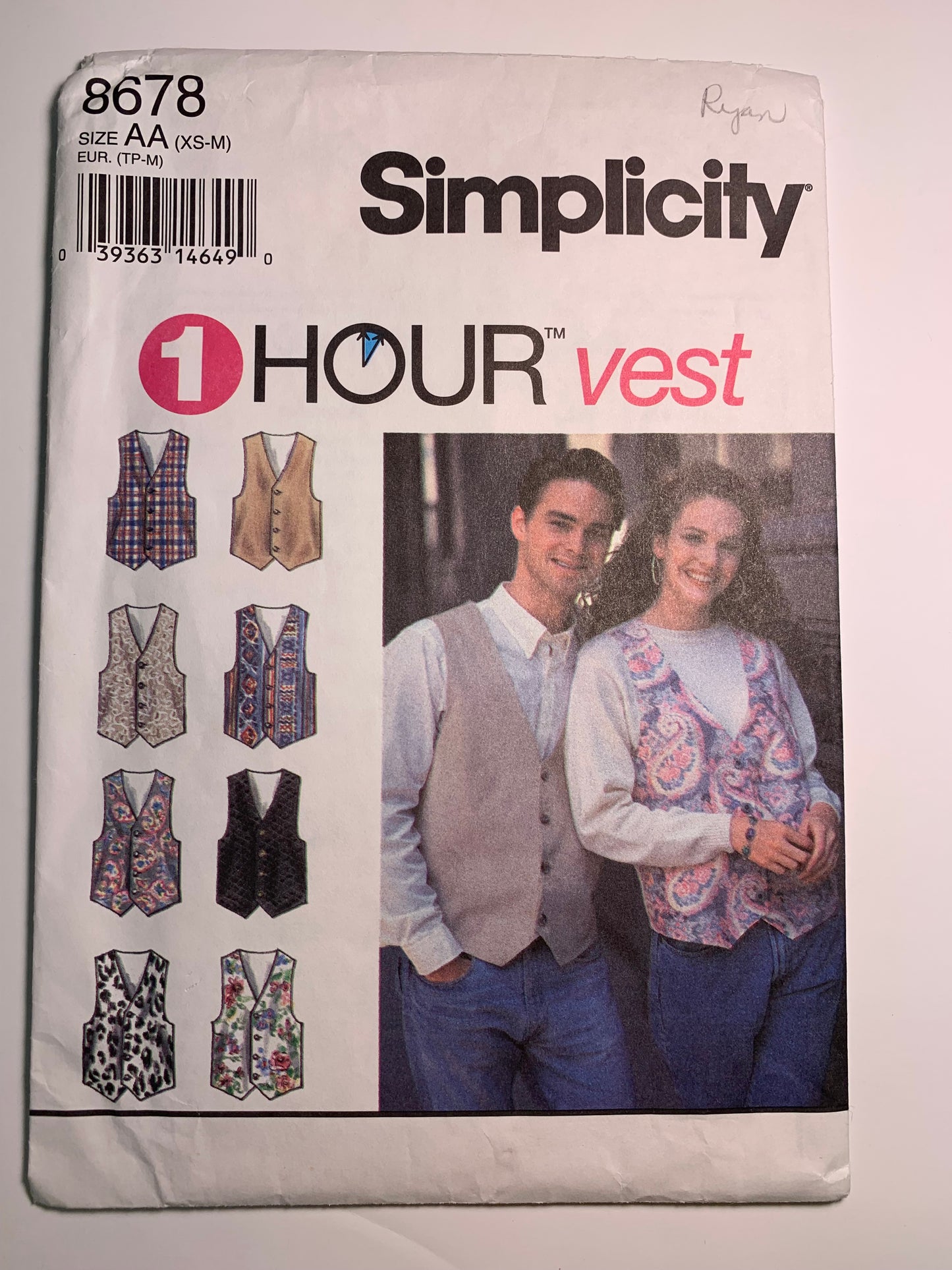 Simplicity 8678 Misses' Men's, Teen, Lined Vest, Size XS-M, Cut, Vintage 1993