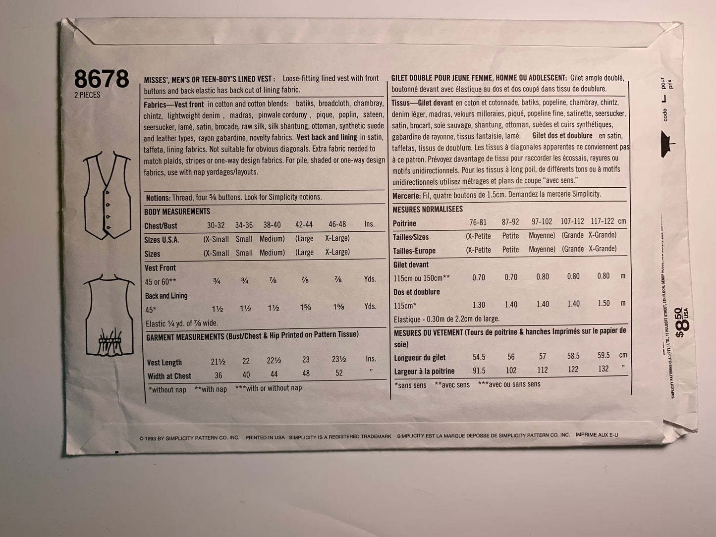 Simplicity 8678 Misses' Men's, Teen, Lined Vest, Size XS-M, Cut, Vintage 1993