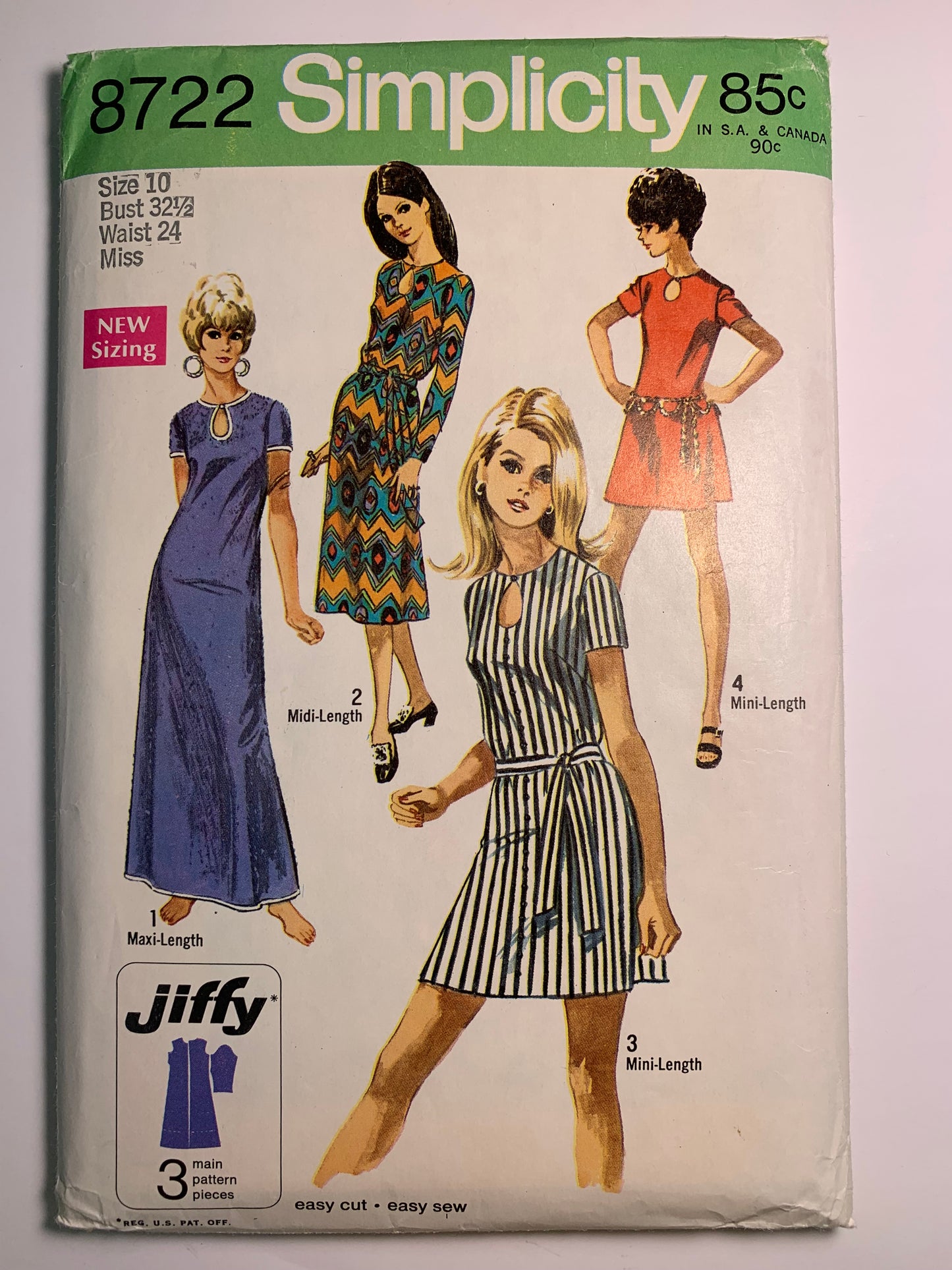 Simplicity 8722 Misses' Dress, Size 10, Cut, Vintage 1970