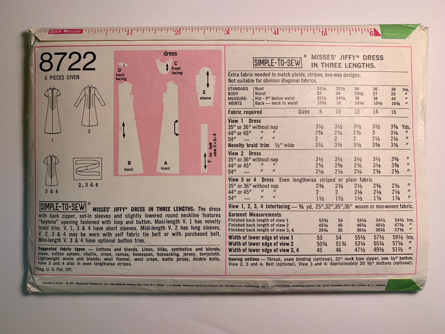 Simplicity 8722 Misses' Dress, Size 10, Cut, Vintage 1970