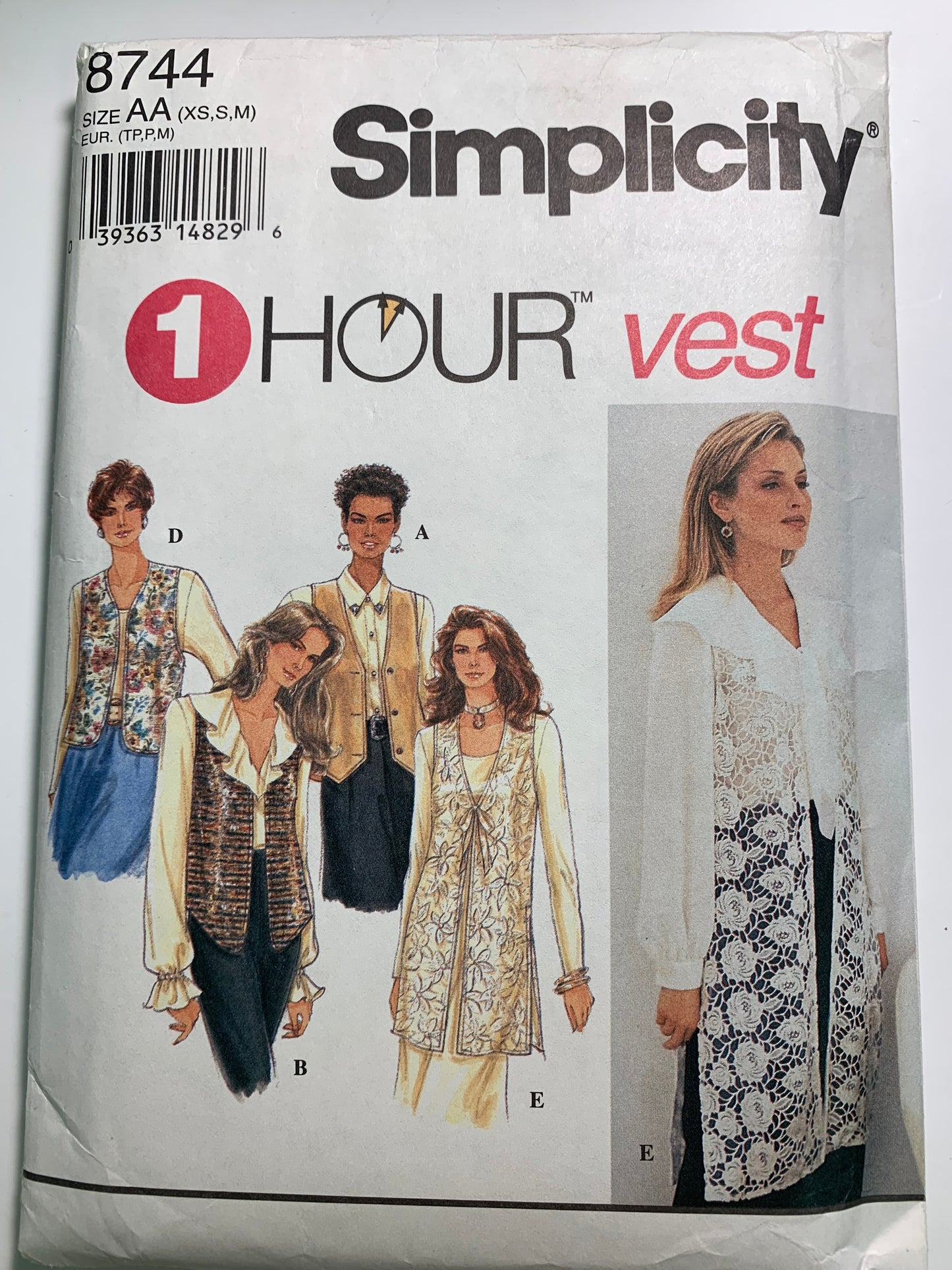 Simplicity Sewing Pattern 8744 Misses' Lined Vests, Sleeveless, Tie Back, Button Front, 5 Variations, Size XS-M, Cut, Vintage 1993
