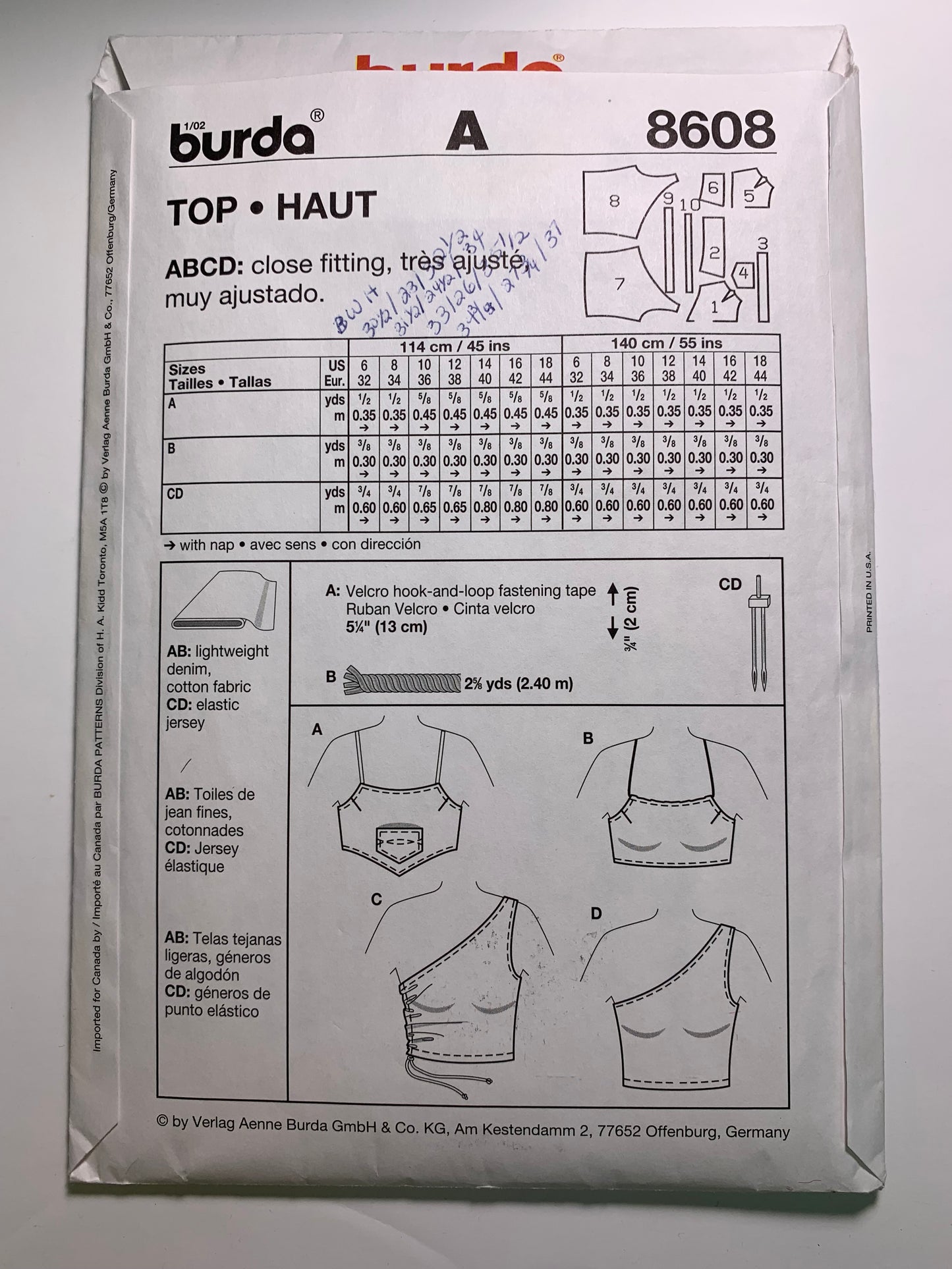 Burda Sewing Pattern 8608 Misses' Top, Halter, Shoulder Straps, 4 Variations, Close-Fitting, Size 6-18, Cut, 2016