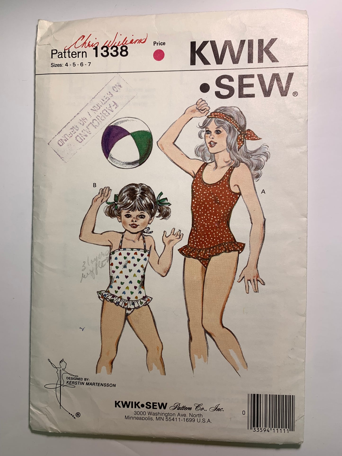 KWIK Sewing Pattern 1338 Girls' Swimsuit, One-Piece, Ruffles, Shoulder Straps, Neck Tie, Size 4-7, Uncut, Vintage 1984