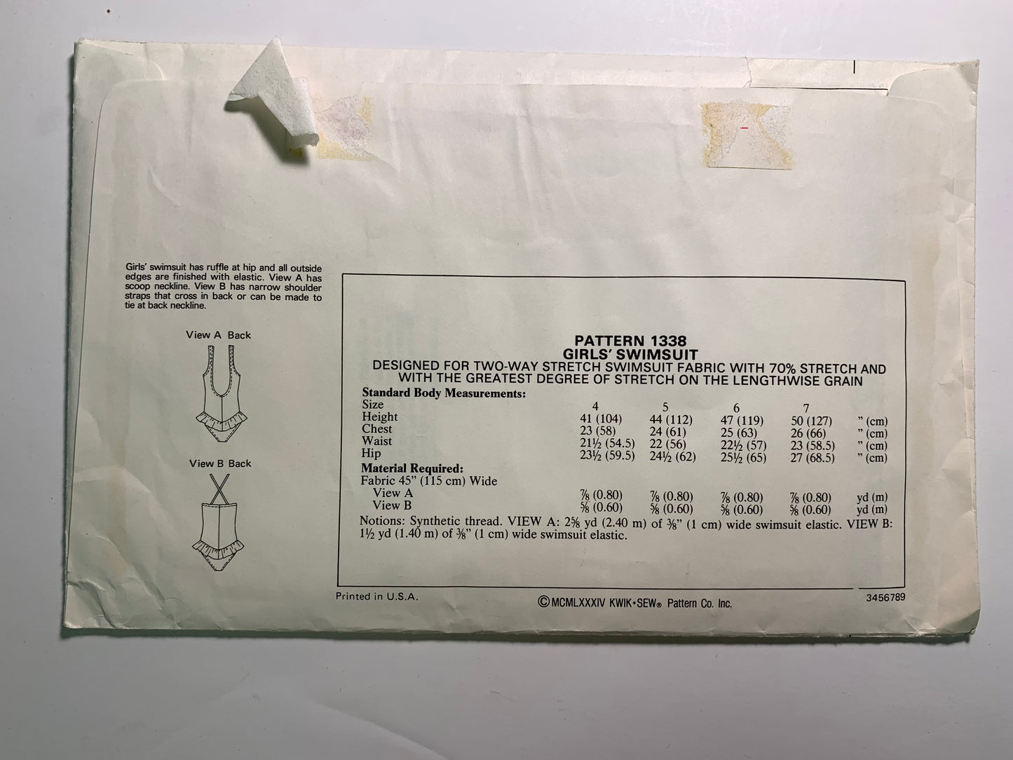 KWIK Sewing Pattern 1338 Girls' Swimsuit, One-Piece, Ruffles, Shoulder Straps, Neck Tie, Size 4-7, Uncut, Vintage 1984