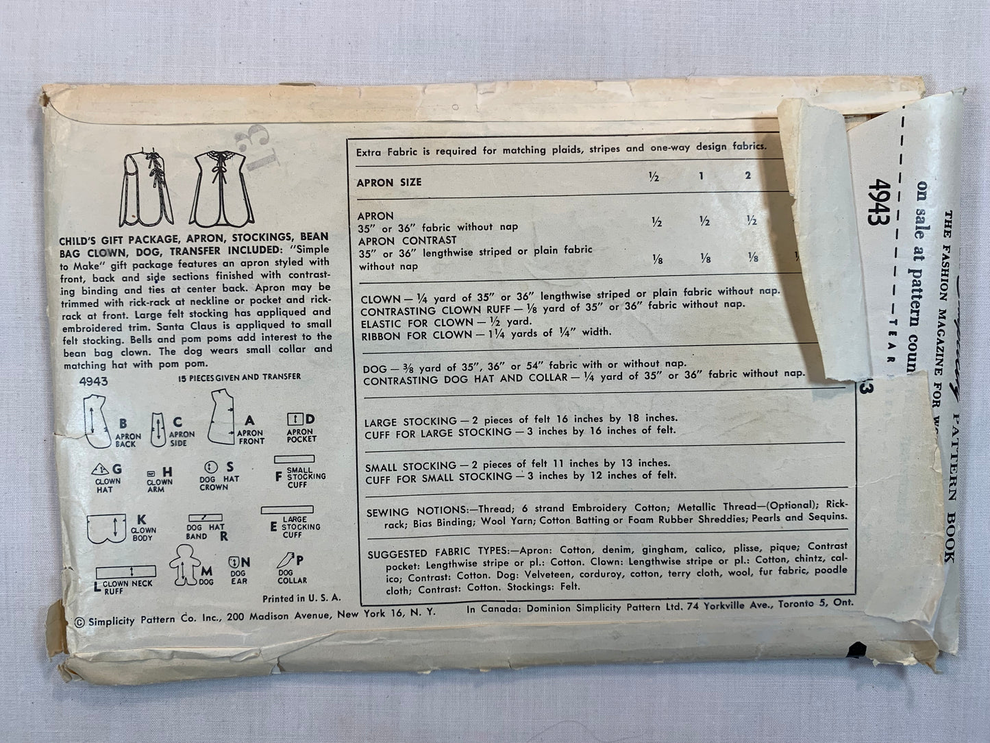 Simplicity Sewing Pattern 4943 Child's Aprons, Christmas Stockings, Bean Bag Clown/Puppy Stuffie, Size 1/2, Uncut, Vintage 1950