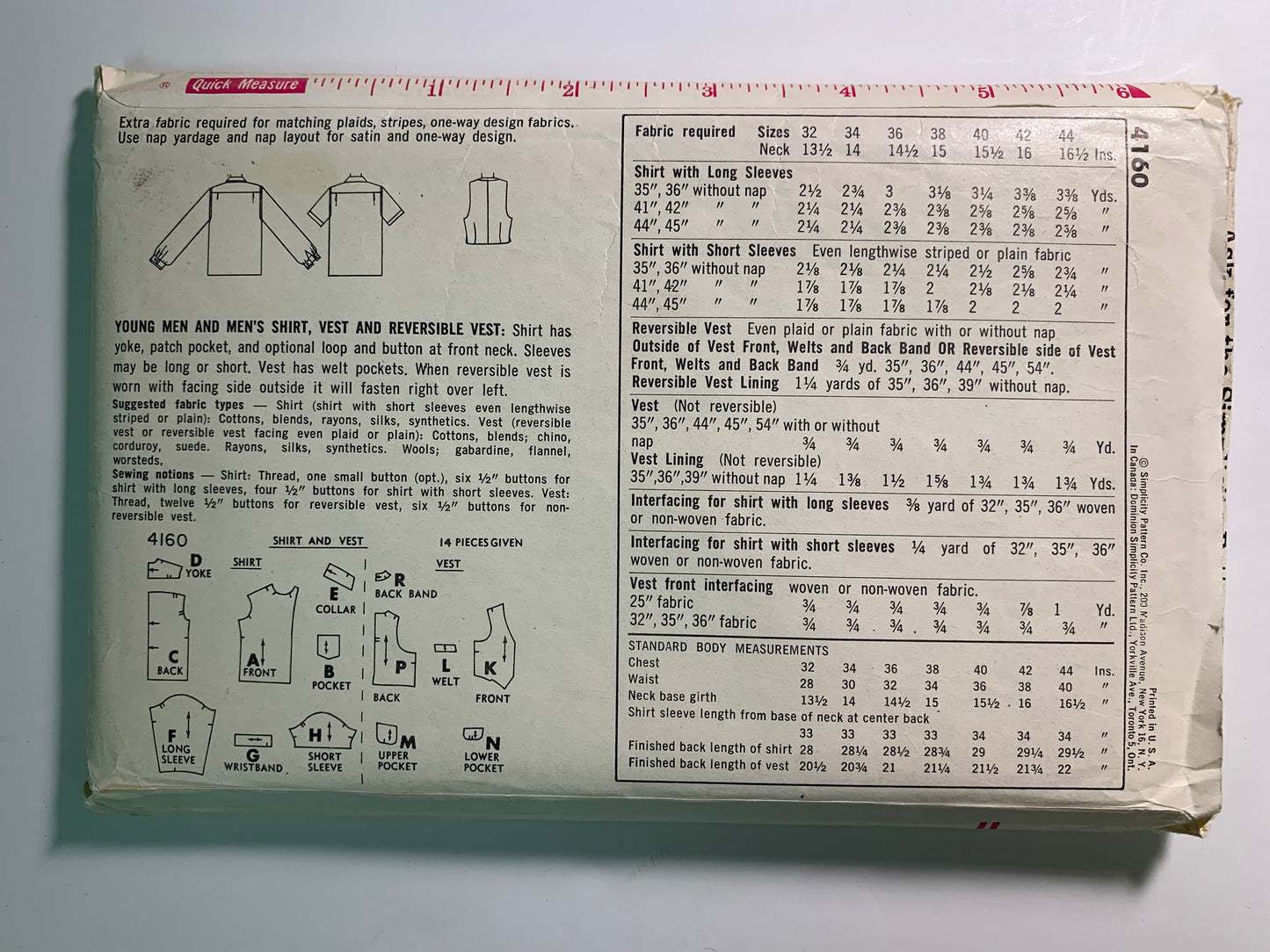 Simplicity 4160 Men's Shirt, Reversible Vest, Size 42, Cut, Vintage 1960