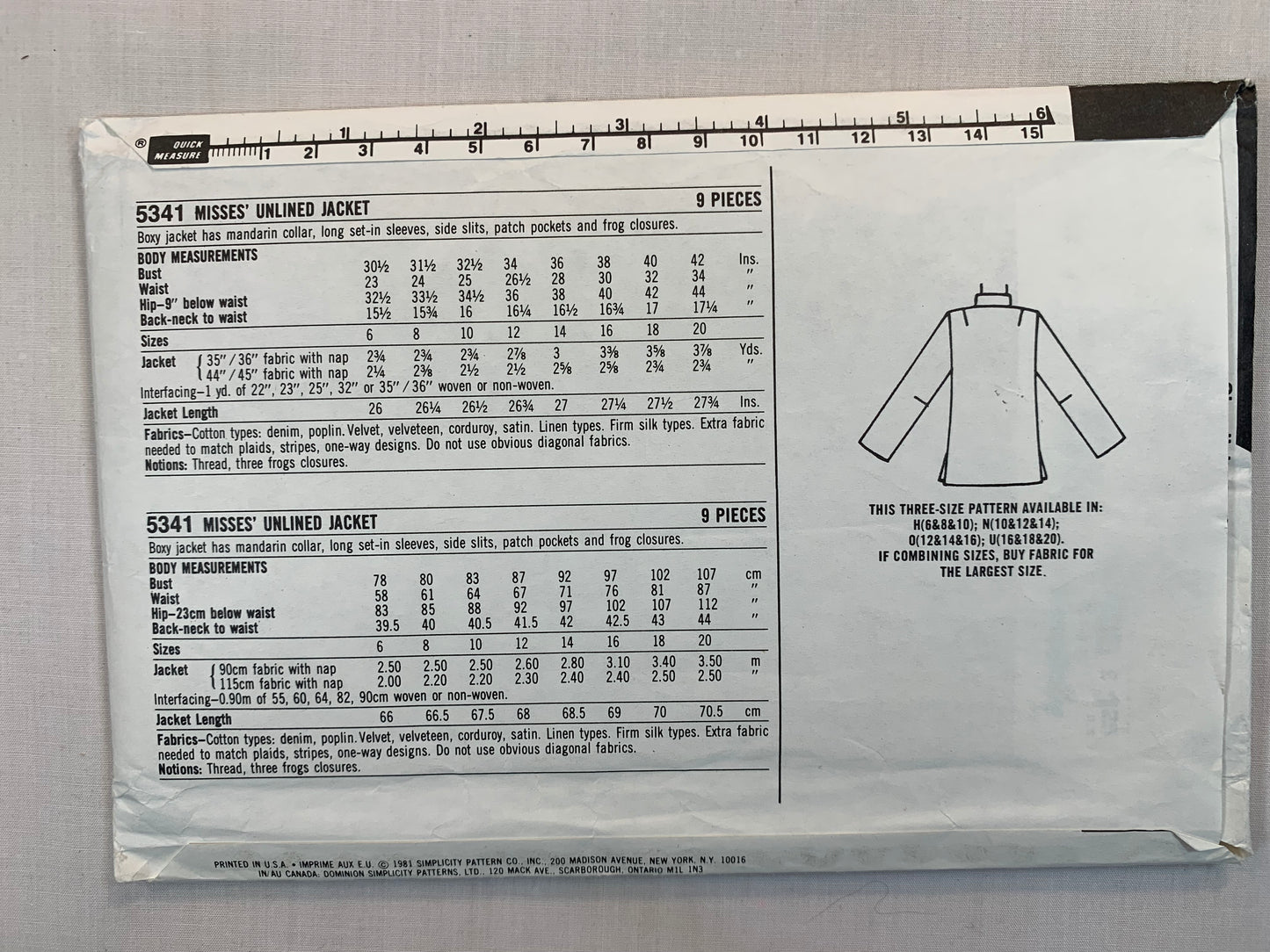 Simplicity Sewing Pattern 5341 Misses' Unlined Boxy Jacket, Mandarin Neck, Long Sleeves, Pockets, Side Slits, Frog Closures, Size 16-20, Uncut, Vintage 1981