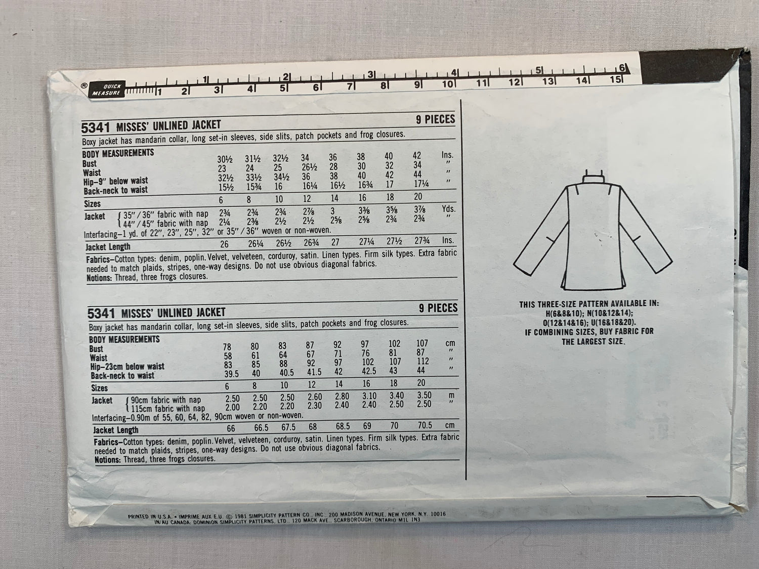 Simplicity Sewing Pattern 5341 Misses' Unlined Boxy Jacket, Mandarin Neck, Long Sleeves, Pockets, Side Slits, Frog Closures, Size 16-20, Uncut, Vintage 1981