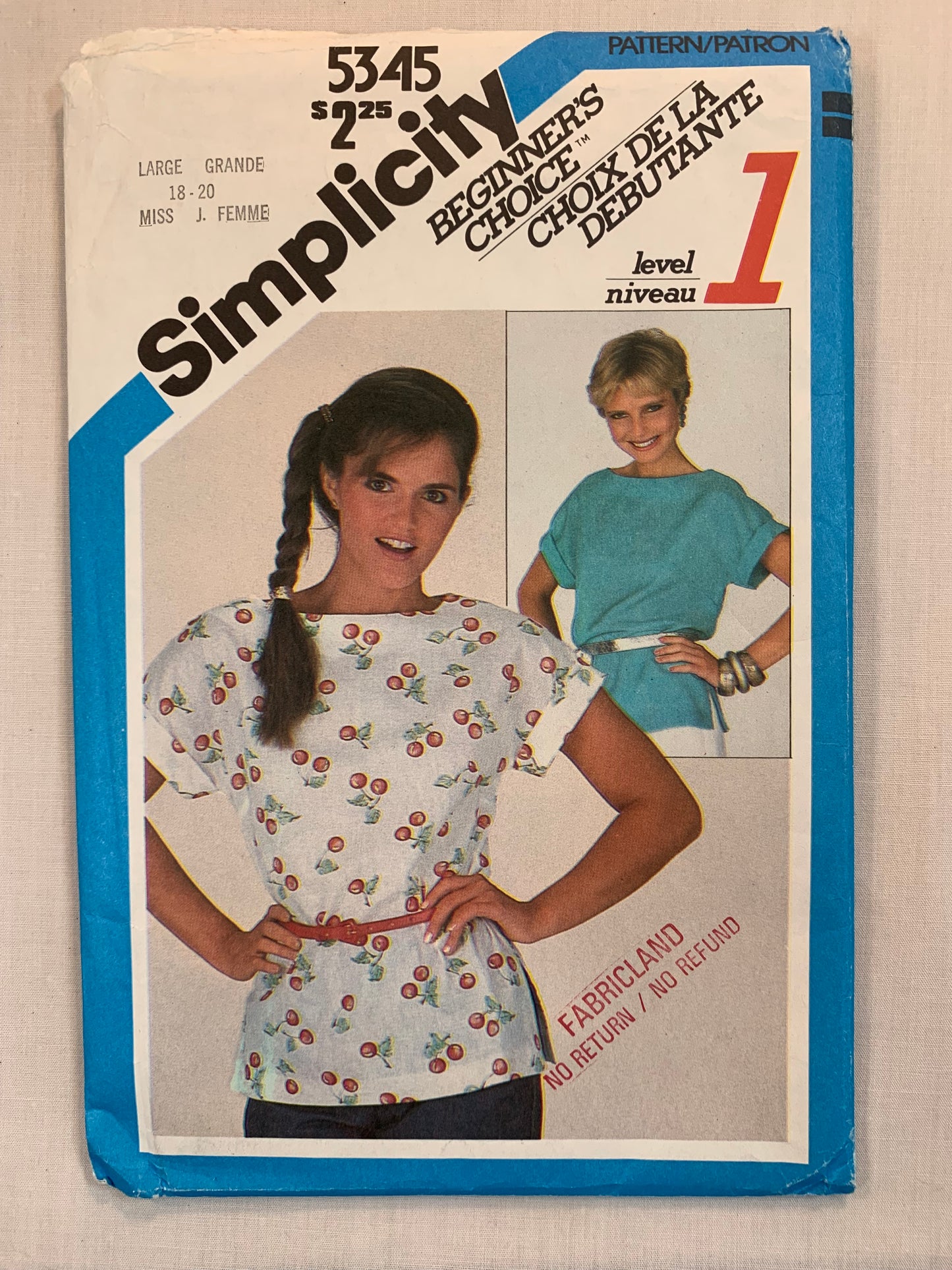 Simplicity Sewing Pattern 5345 Misses' Pullover Top, Easy-Fitting, Cap Sleeves, Side Slits, Size 18-20, Uncut, Vintage 1981