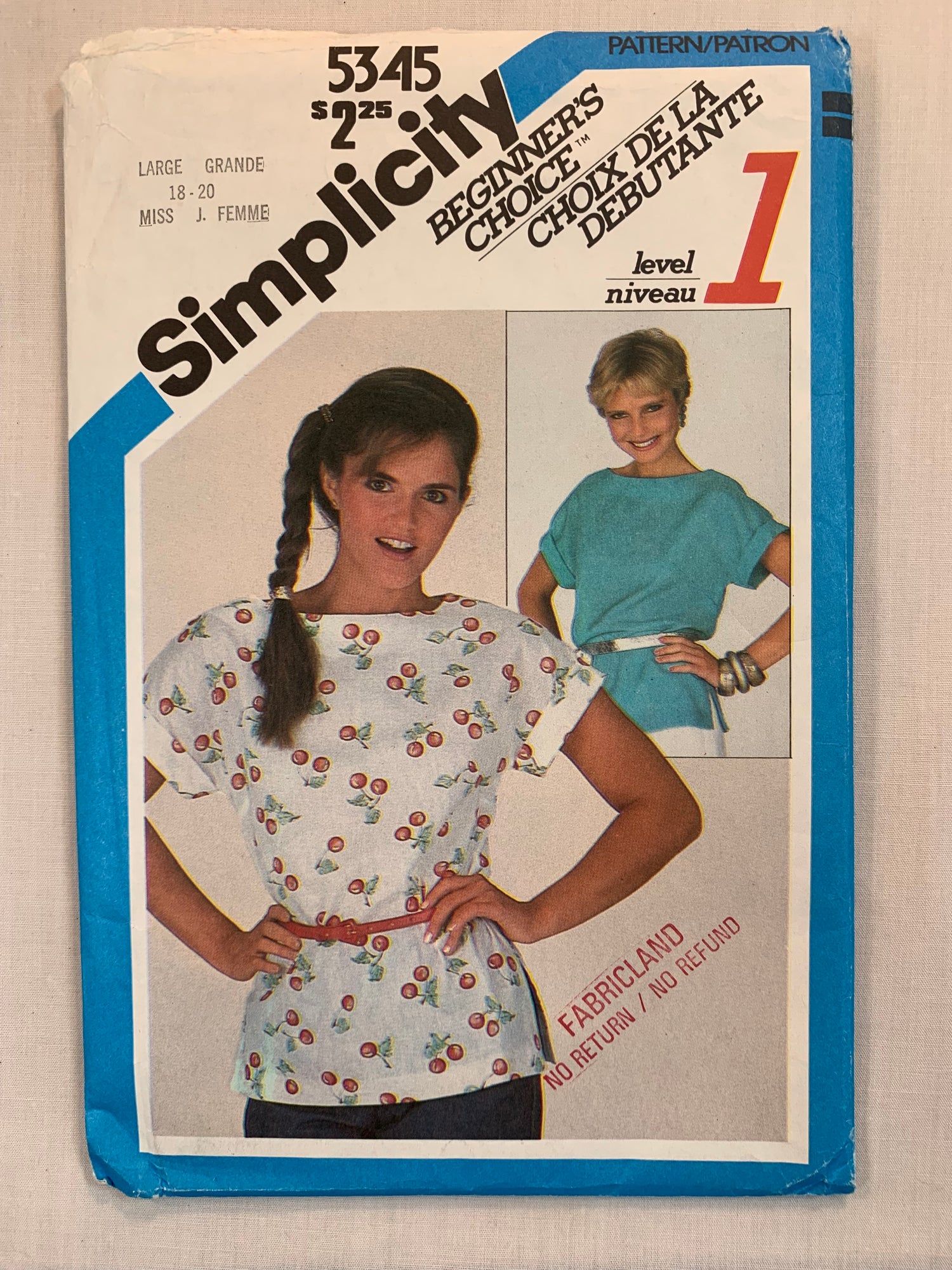 Simplicity Sewing Pattern 5345 Misses' Pullover Top, Easy-Fitting, Cap Sleeves, Side Slits, Size 18-20, Uncut, Vintage 1981
