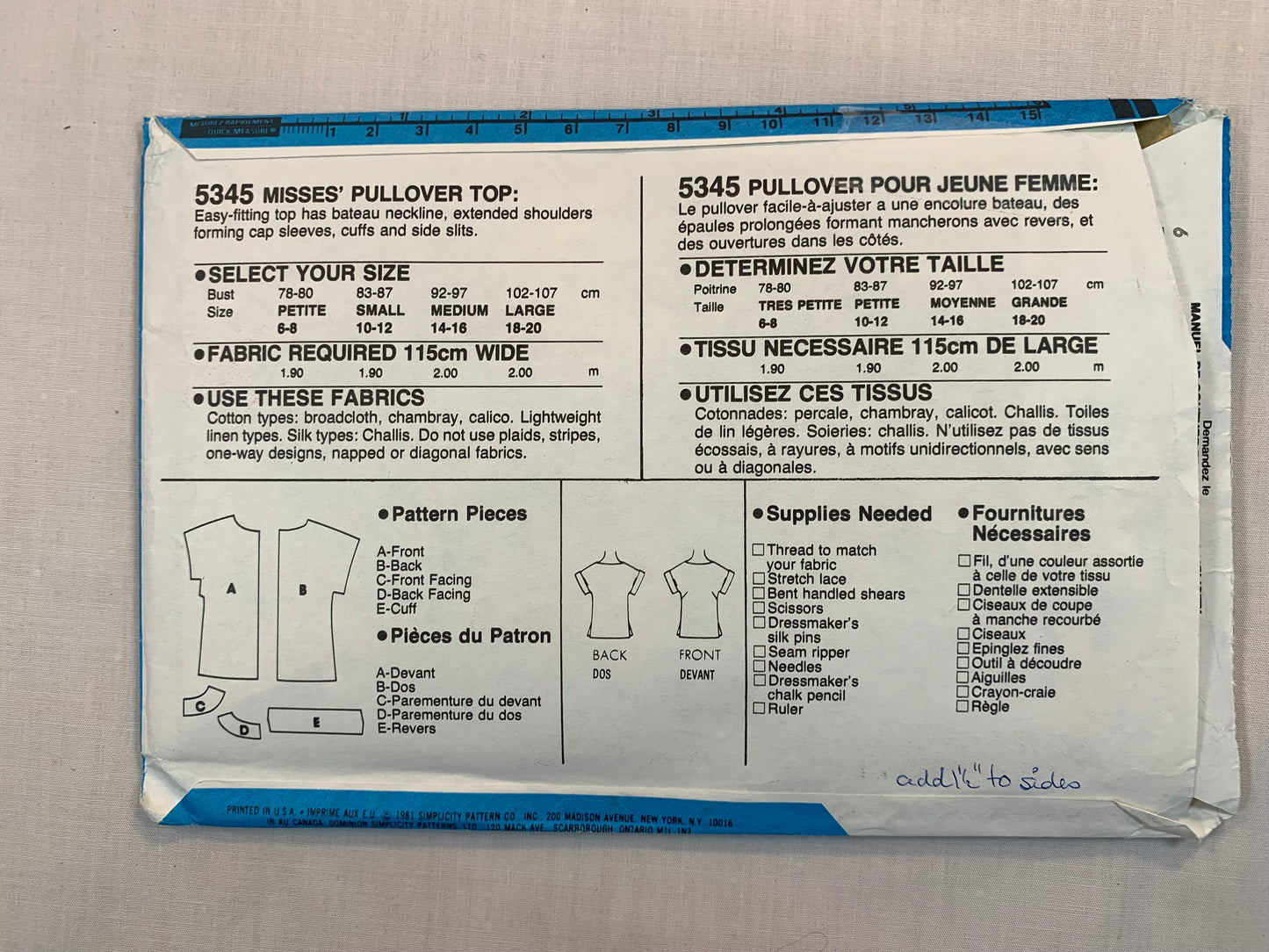 Simplicity Sewing Pattern 5345 Misses' Pullover Top, Easy-Fitting, Cap Sleeves, Side Slits, Size 18-20, Uncut, Vintage 1981