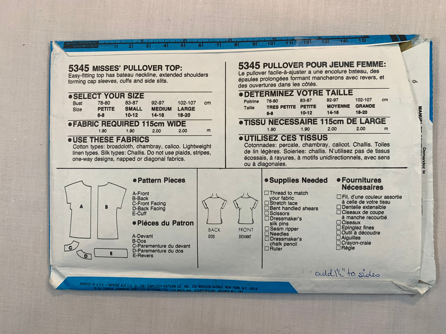 Simplicity Sewing Pattern 5345 Misses' Pullover Top, Easy-Fitting, Cap Sleeves, Side Slits, Size 18-20, Uncut, Vintage 1981