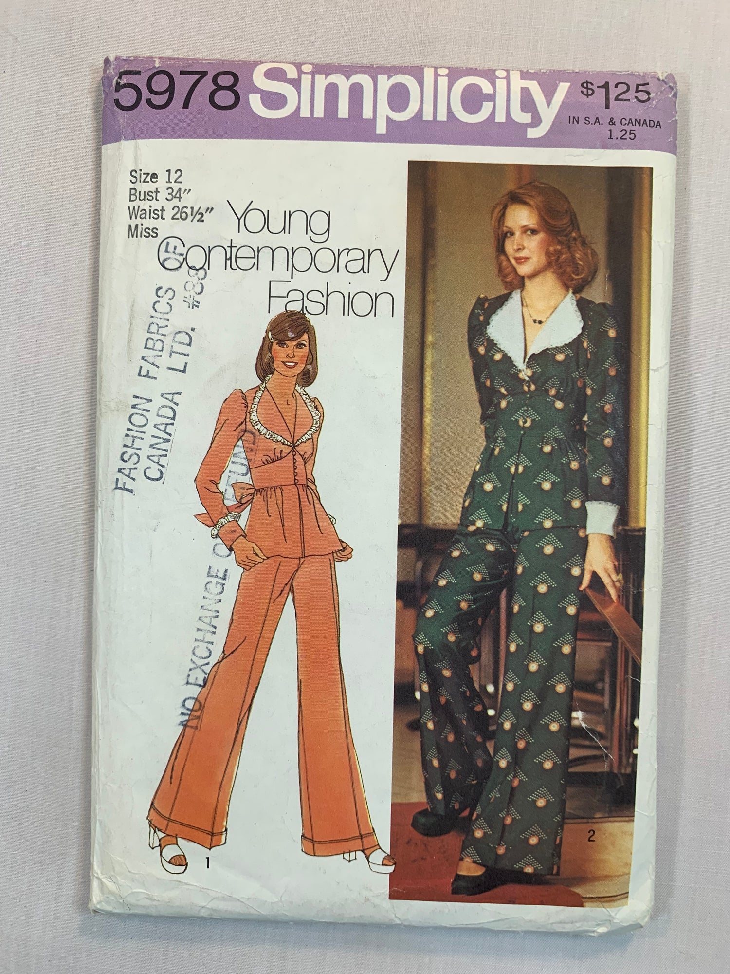 Simplicity Sewing Pattern 5978 Misses' Top, Pants, Tie Back, Fly Zipper, Button Front, 2 Variations, Long Sleeves, Size 12, Uncut, Vintage 1973