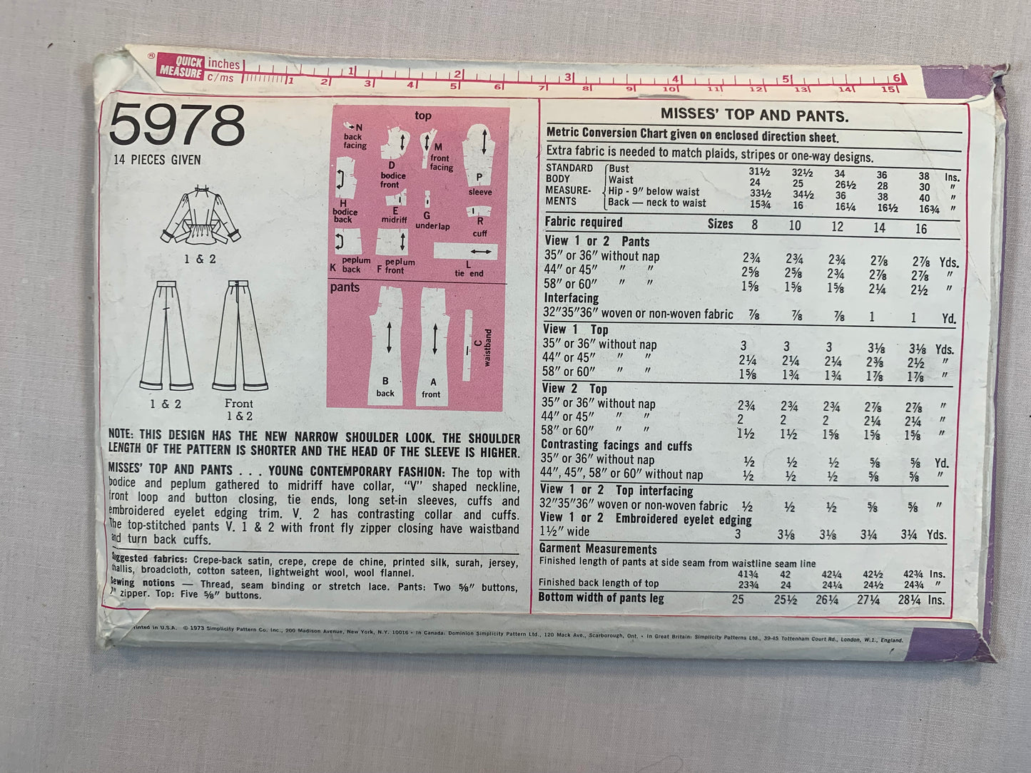 Simplicity Sewing Pattern 5978 Misses' Top, Pants, Tie Back, Fly Zipper, Button Front, 2 Variations, Long Sleeves, Size 12, Uncut, Vintage 1973