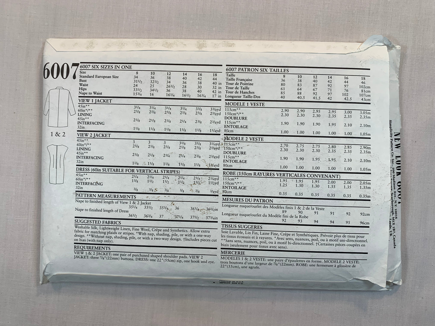 Simplicity New Look Sewing Pattern 6007 Misses' Jacket, Dress, Long Sleeves, Sleeveless, Above Knee Length, Button Front, Darts, Pockets, Collar, Size 8-18, Uncut, 2004