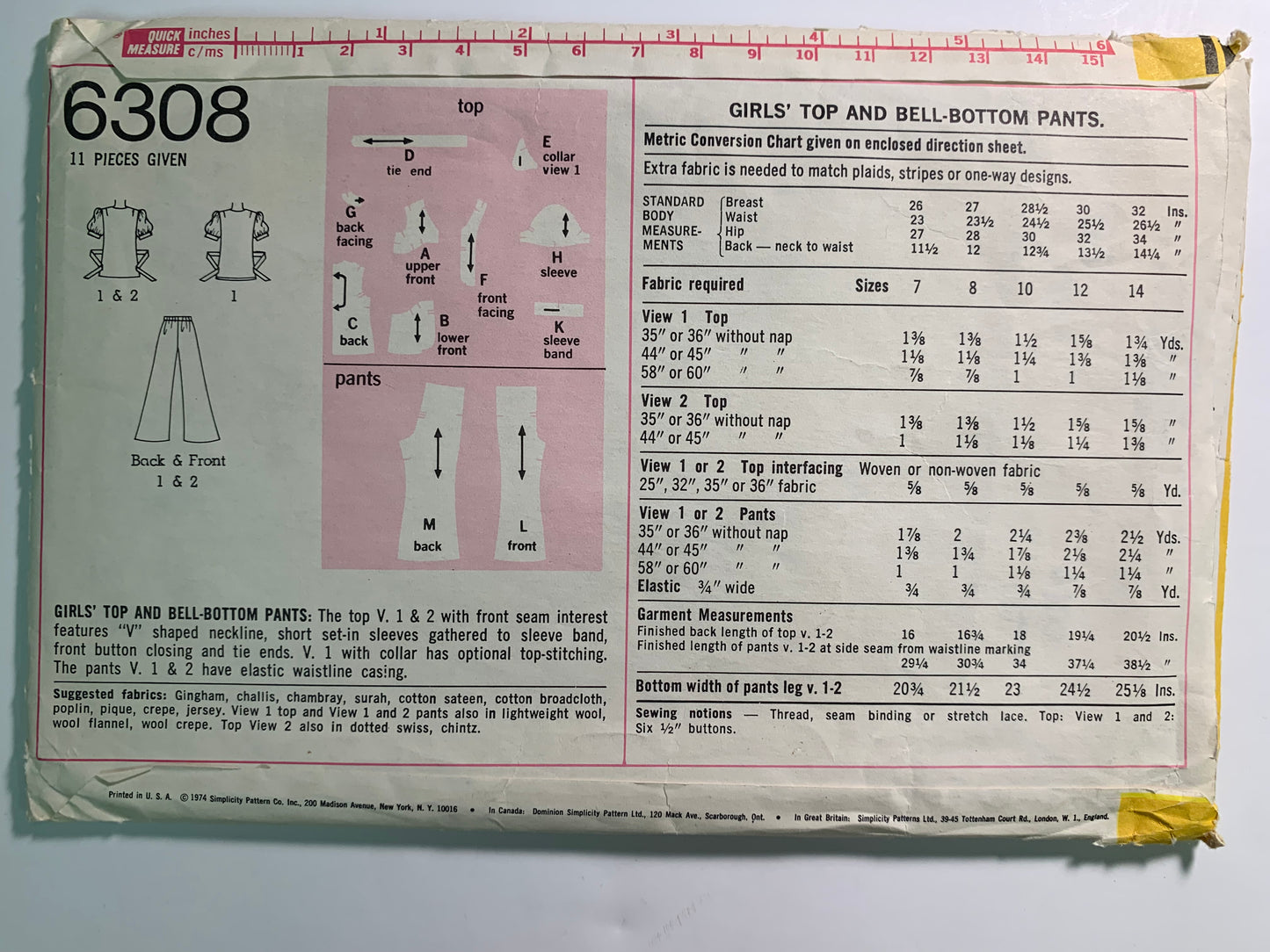Simplicity Sewing Pattern 6308 Girls' Top, Bell-Bottom Pants, Short Puff Sleeves, Tie Back, Button Front, Elastic Waist, Size 8, Cut, Vintage 1974