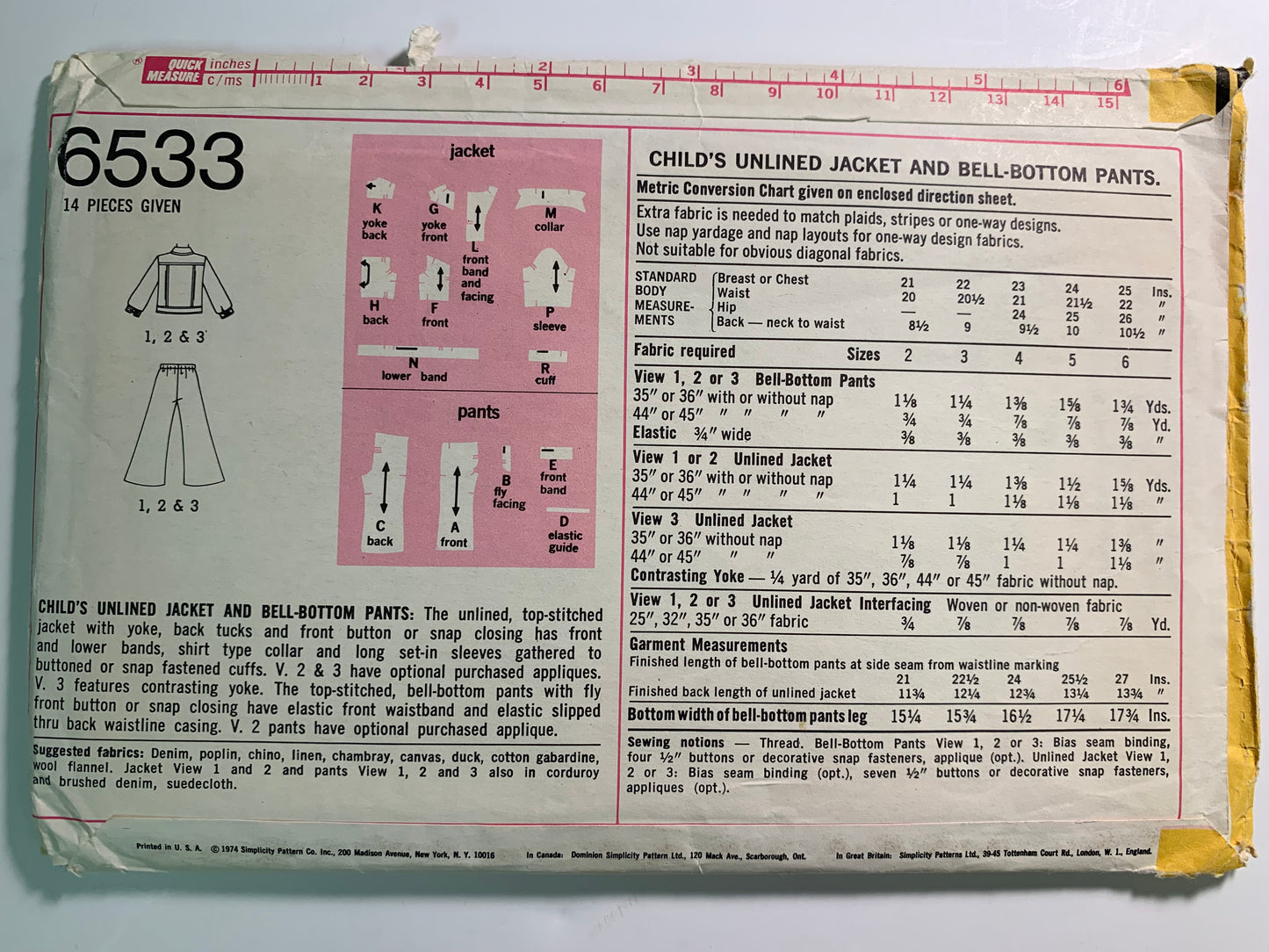 Simplicity Sewing Pattern 6533 Child's/Boys'/Girls' Unlined Jacket, Bell-Bottom Pants, Front Snaps, Collar, Elastic Waist, Size 3, Cut, Vintage 1974