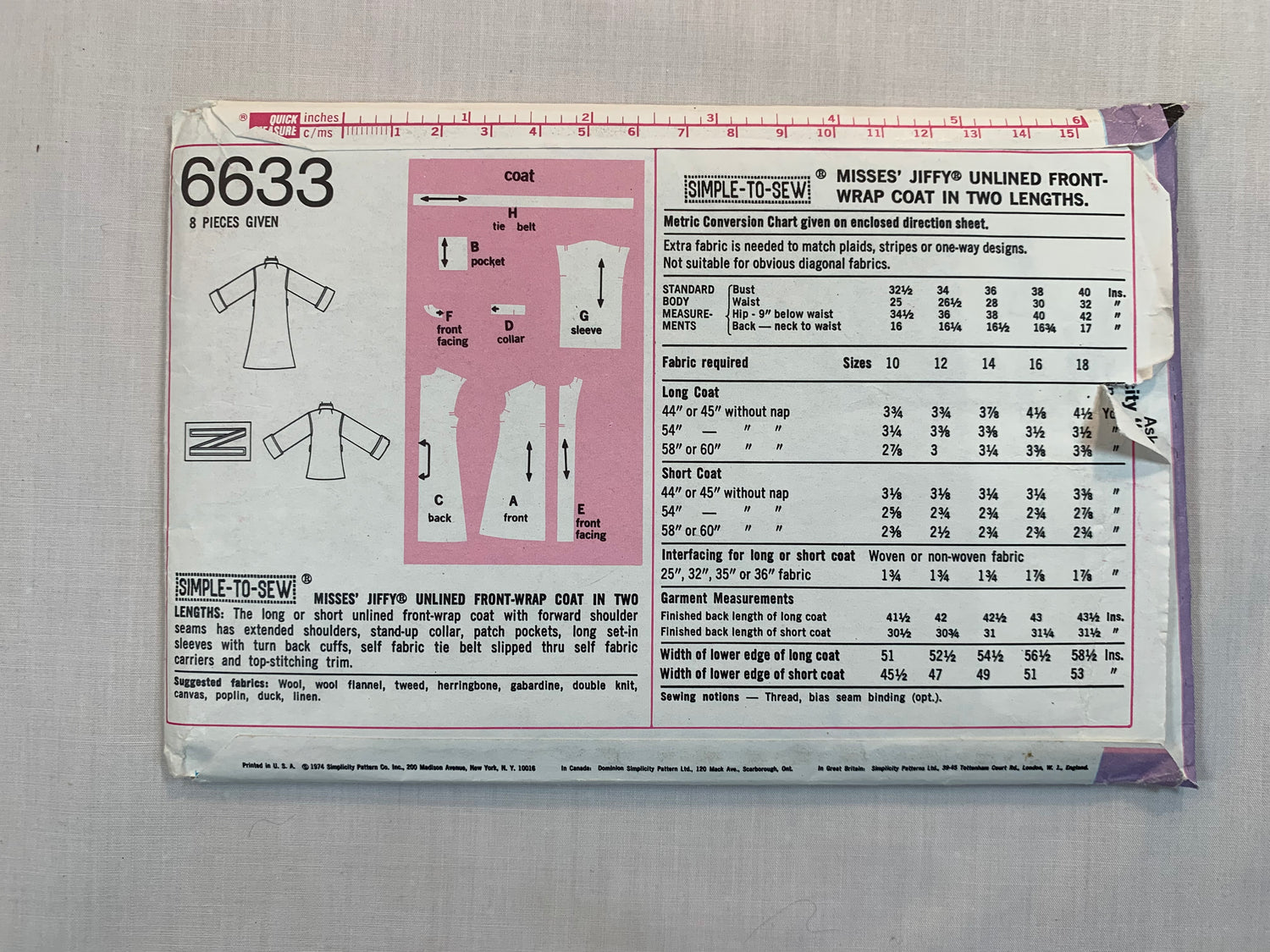 Simplicity Jiffy Sewing Pattern 6633 Misses' Unlined Front-Wrap Coat, Two Lengths, Extended Shoulders, Pockets, Size 18, Uncut, Vintage 1974