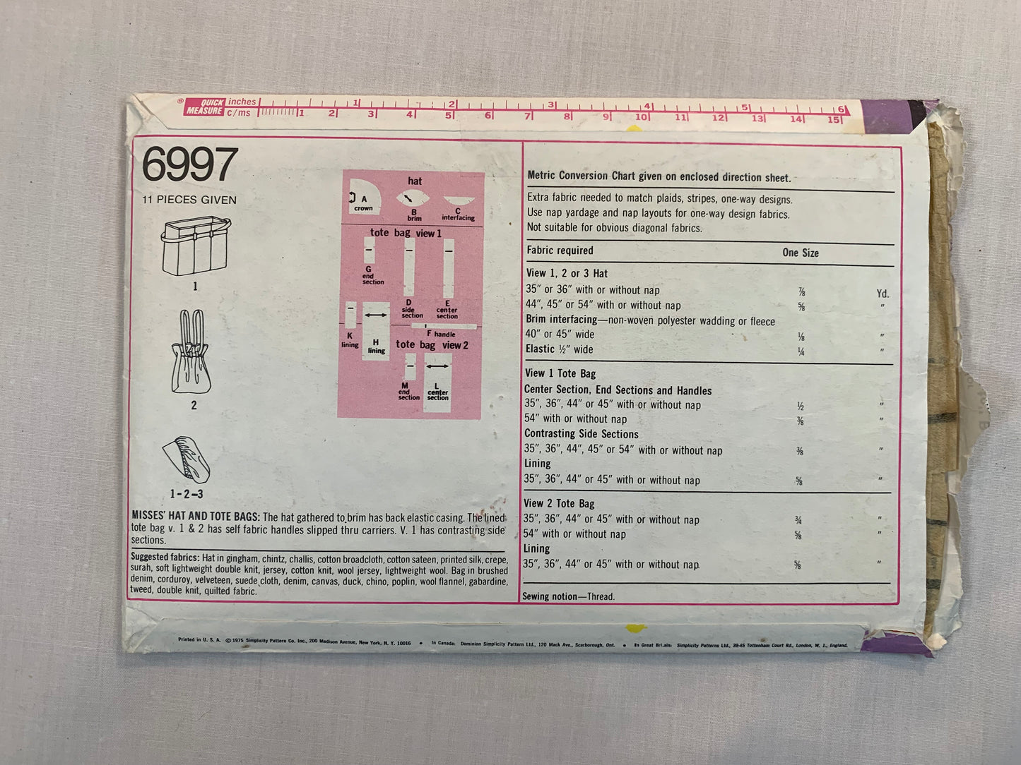 Simplicity Sewing Pattern 6997 Totes, Bags, Hat, Purse, Lined, Handles Uncut, 2003