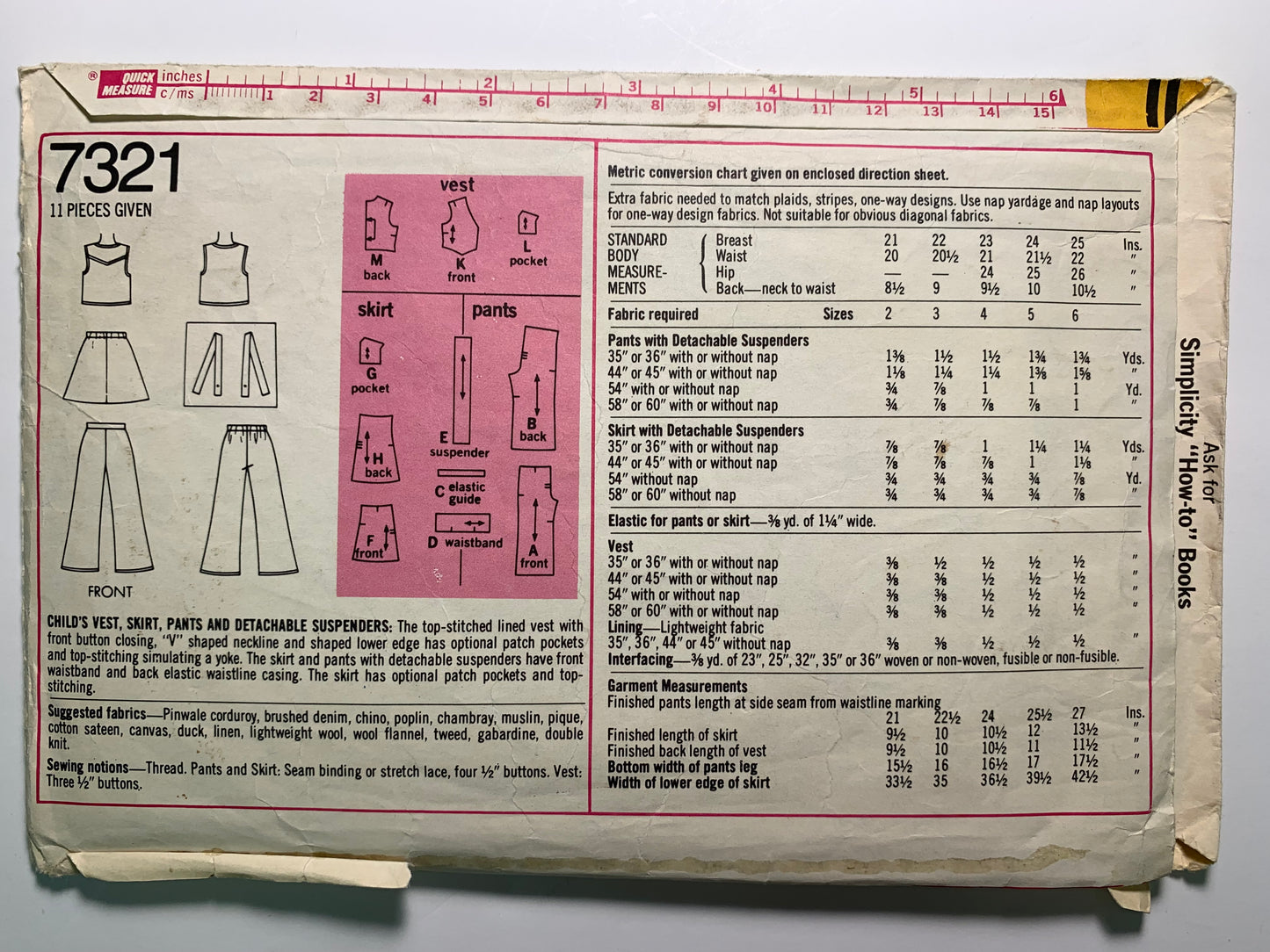 Simplicity 7321 Child's Vest, Skirt, Pants, Detachable Suspenders, Size 4, Cut, Vintage 1975
