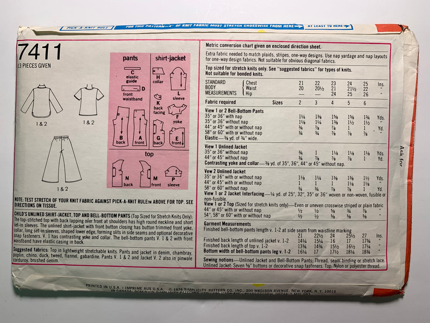 Simplicity 7411 Child's Boy's Unlined Shirt-Jacket, Top, Bell Bottom Pants, Size 5, Cut, Vintage 1976