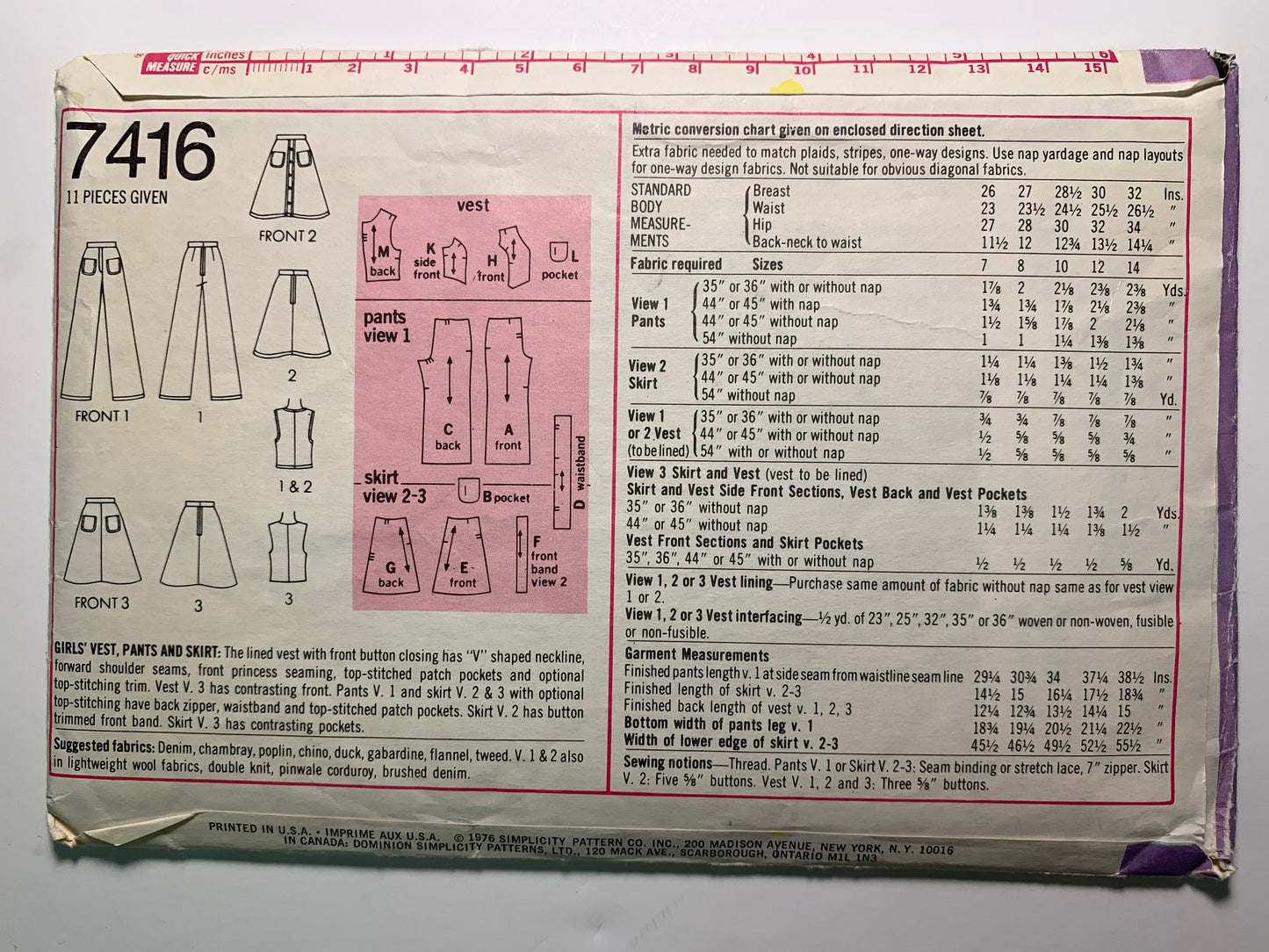 Simplicity 7416 Girls' Vest, Pants, Skirt, Size 7, Cut, Vintage 1976