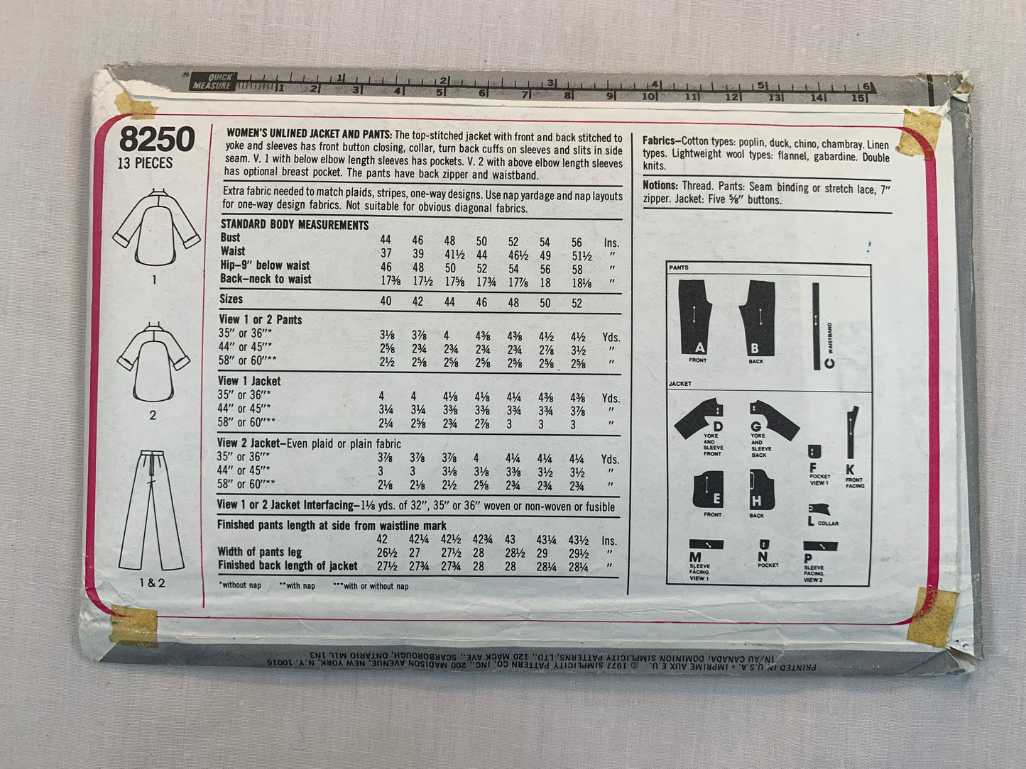 Simplicity Sewing Pattern 8250 Misses' Unlined Jacket, Pants, Button Front, Cuffs, Side Slits, Pockets, Zipper Back, Size 40-46, Uncut, Vintage 1977