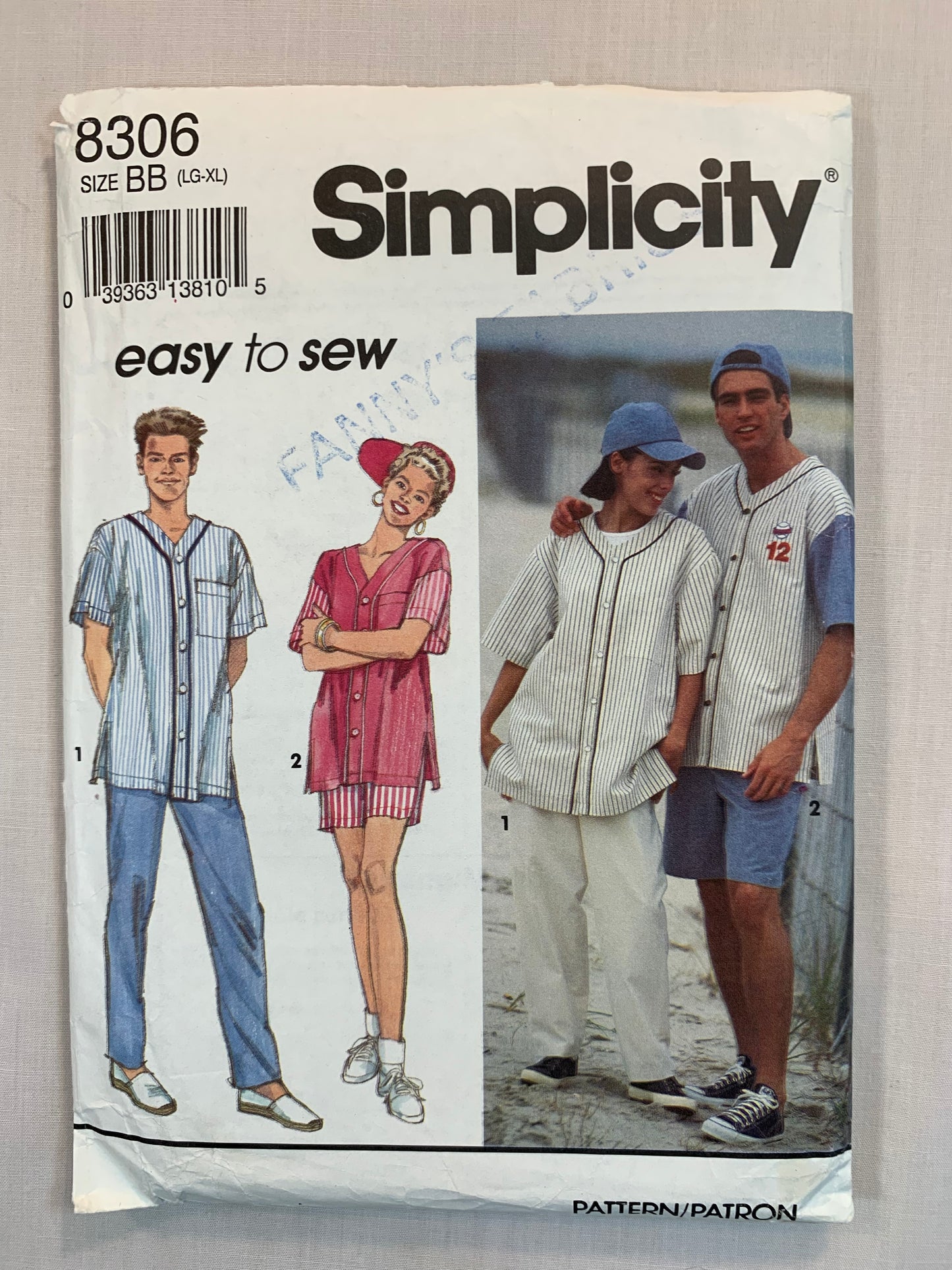 Simplicity Sewing Pattern 8306 Misses'/Men's/Teens' Pants, Shorts, Shirt, Cap, Pockets, Pull-On, Button Front, Size 42-48, Uncut, Vintage 1993